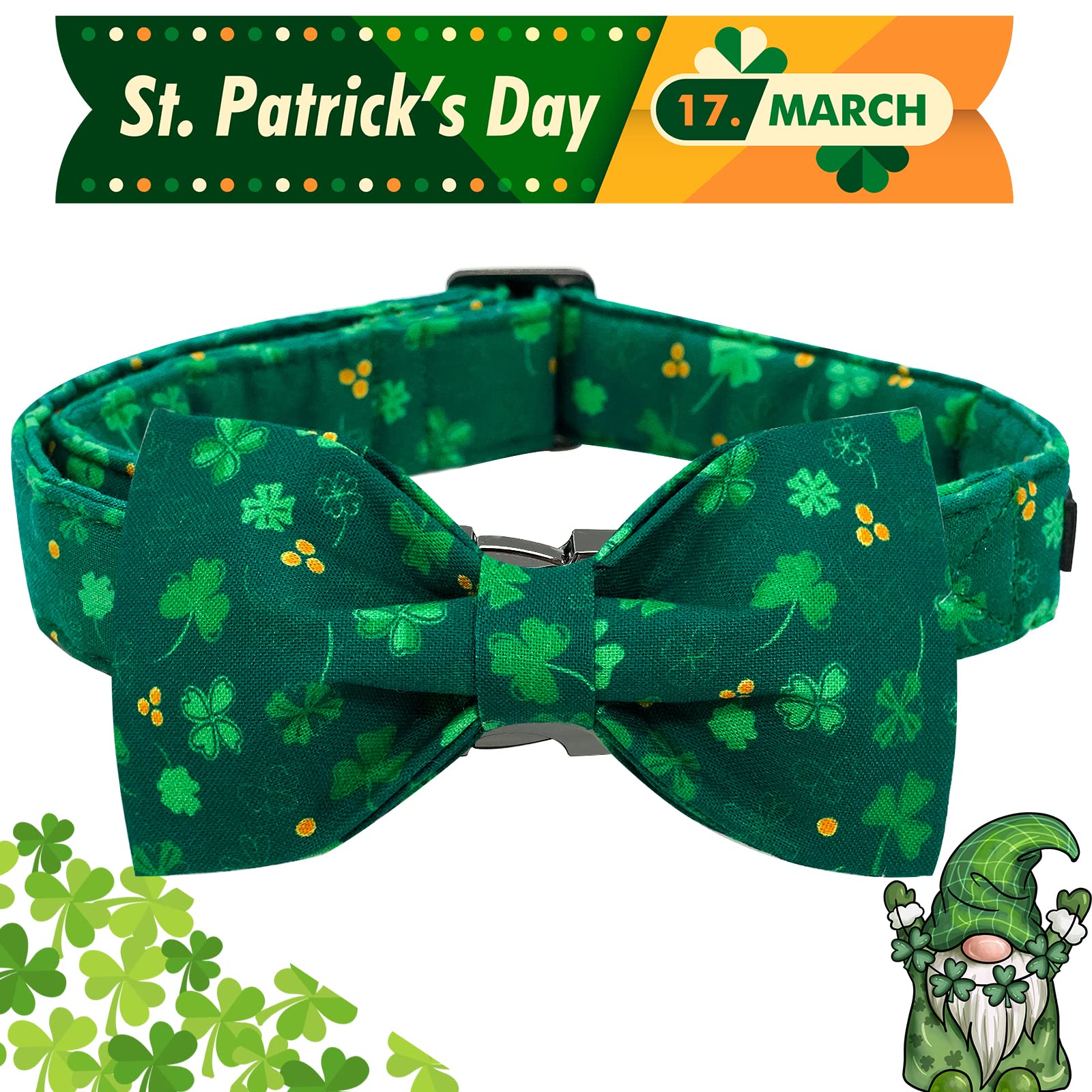 Elegant Little Tail St. Patrick'S Day Dog Collar With Bow - Green Clover Bowtie Adjustable For Large Dogs - Pet Gift