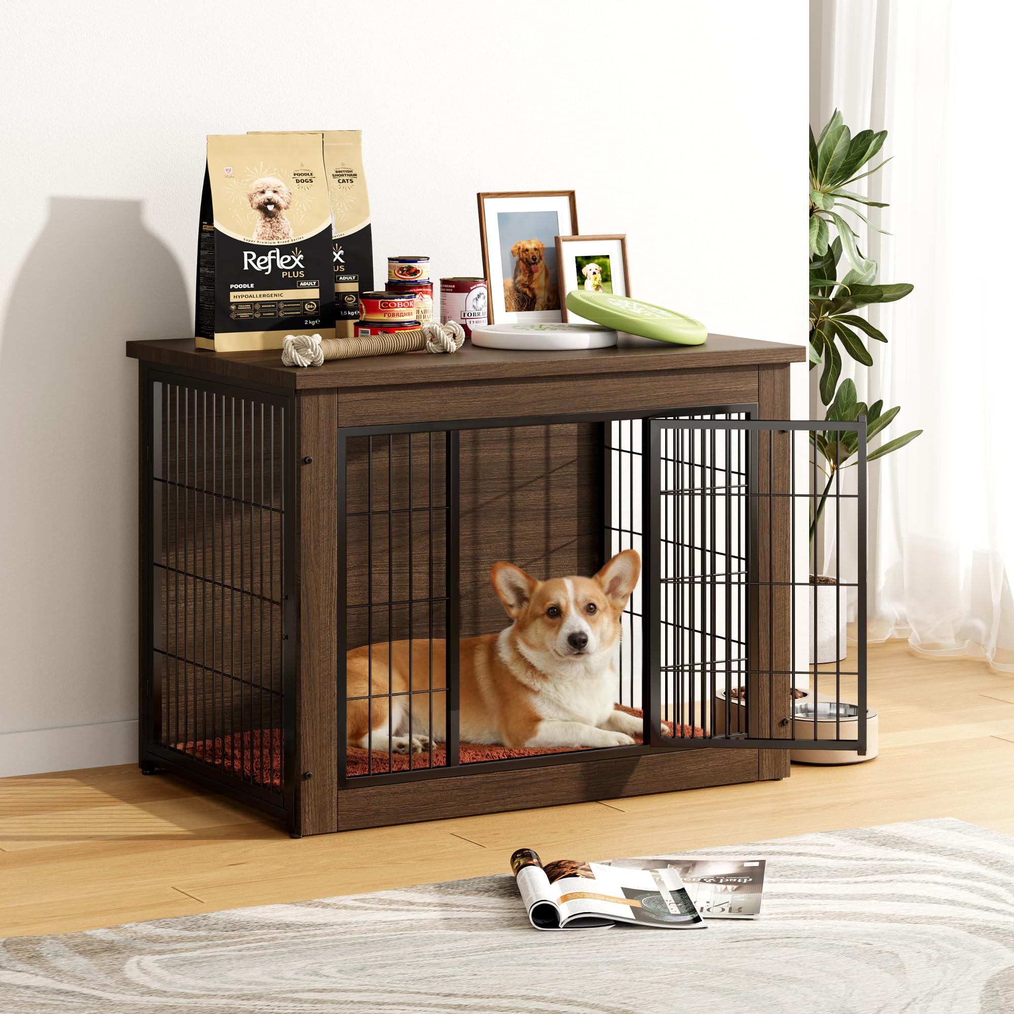 Greesum Modern Dog Crate Furniture That Doubles as a Side Table - Sturdy Wooden Kennel with Double Door Design, Equipped with So