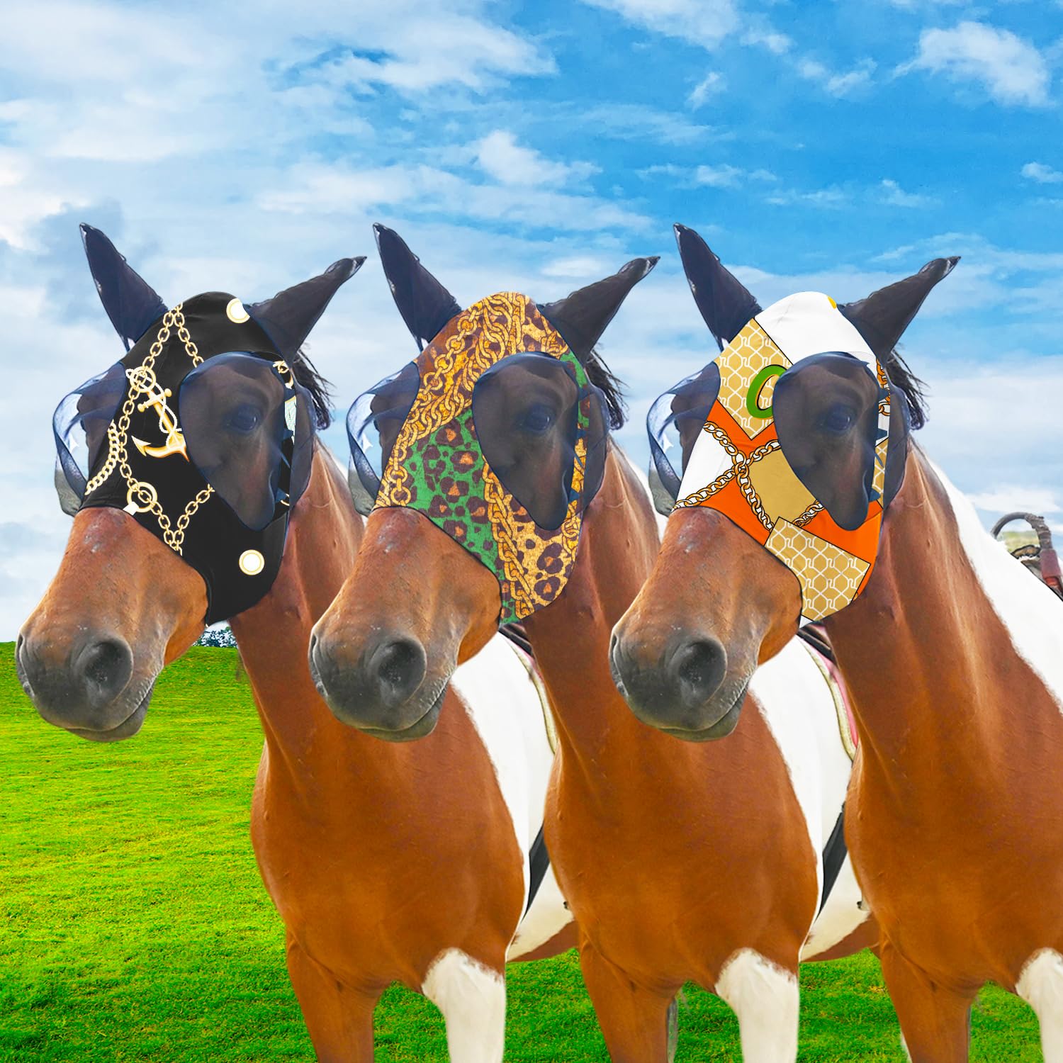 Super Comfort Fly Marsks for Horses of 3pcs Set-Horse FlyMask with Ears- Elasticity Fly Mask with UV Protection(Size:L