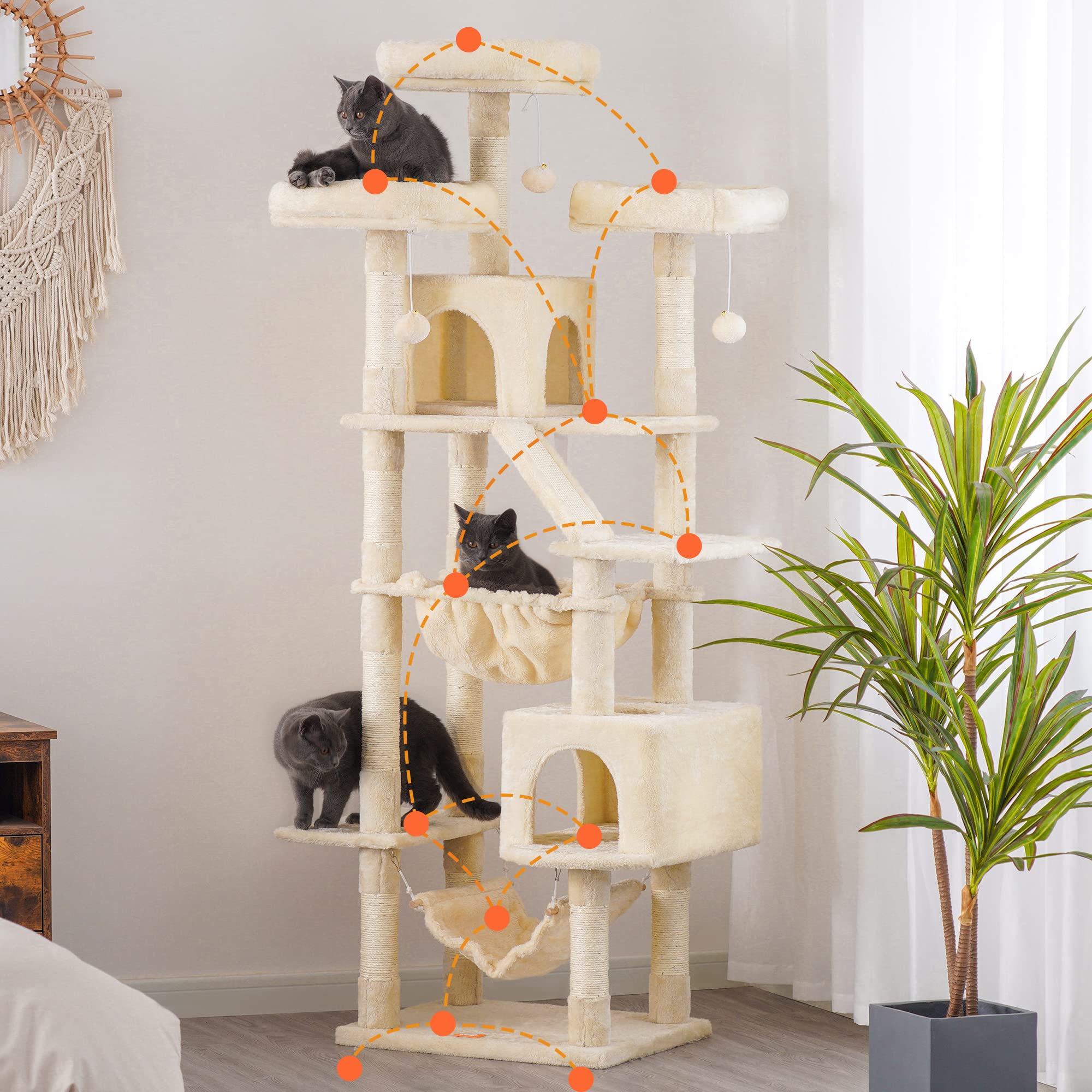 Heybly Cat Tree, 73 Inches Tall Cat Tower For Large Cats 20 Lbs Heavy Duty For Indoor Cats,Big Cat Furniture Condo For With Padded Plush Perch, Cozy Basket And Scratching Posts Beige Hct030M