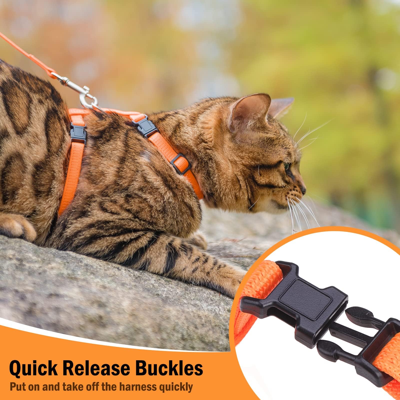 Pupteck Adjustable Cat Harness And Leash Set Escape Proof Kitten Strap Collar For Walking Travel, Orange, M