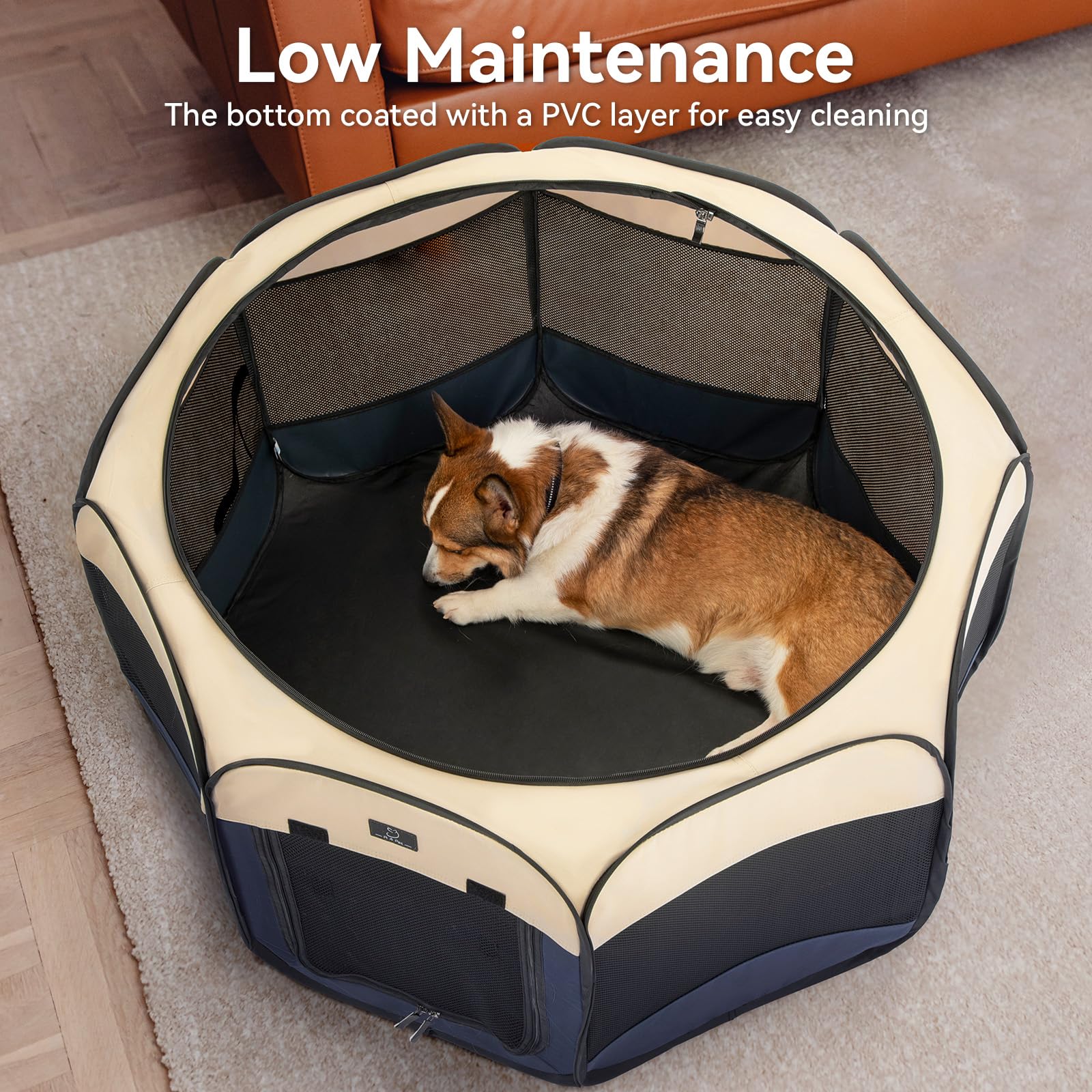 A 4 Pet Portable Dog Playpen, Medium 39.5"x39.5"x20", Blue/Beige, Removable Zipper, Collapsible Bowl, Indoor/Outdoor Use