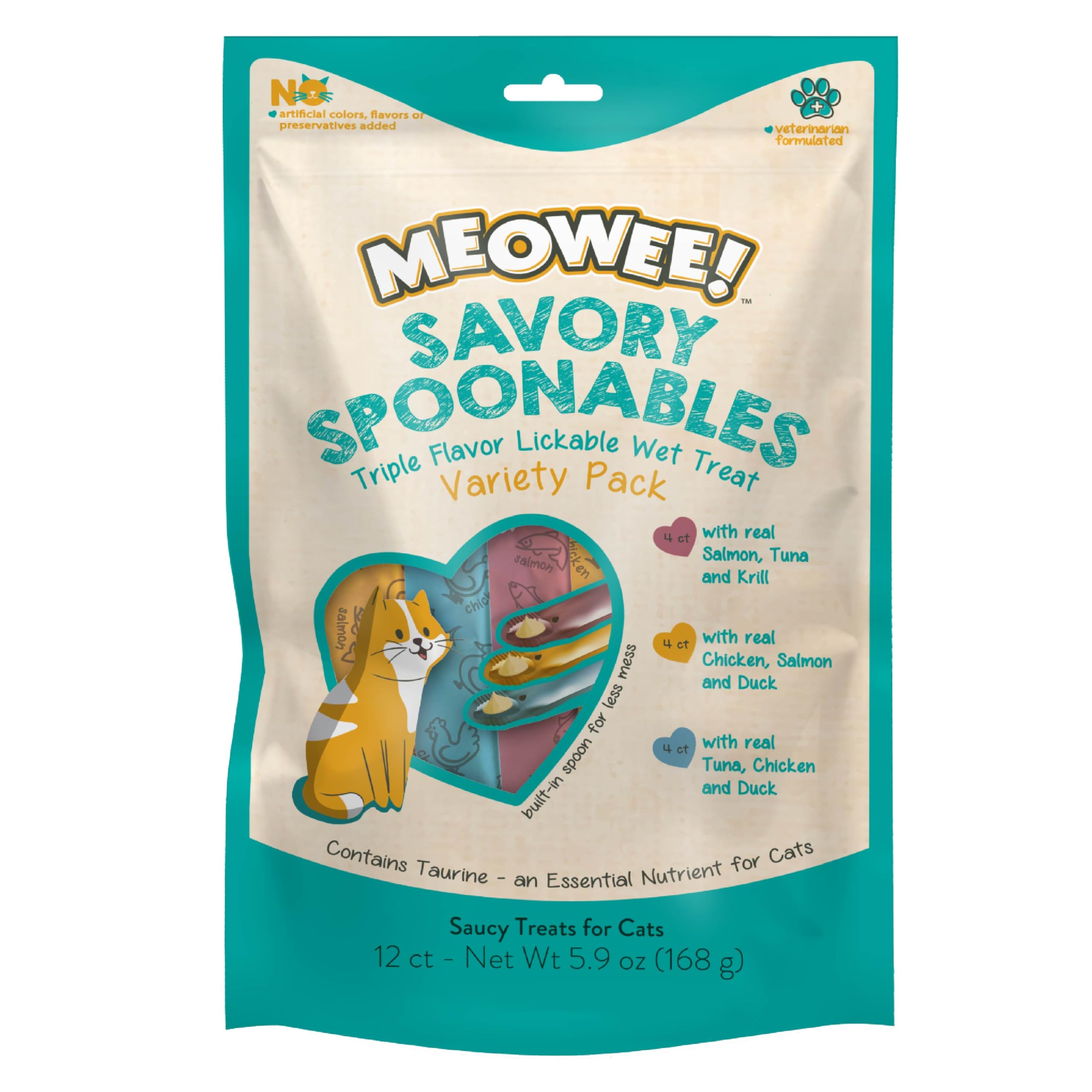 MEOWEE! Savory Spoonables Variety Pack, 12 Count Tube, Triple Flavor Squeezable Lickable Wet Treats for Cats with Built-in Spoon