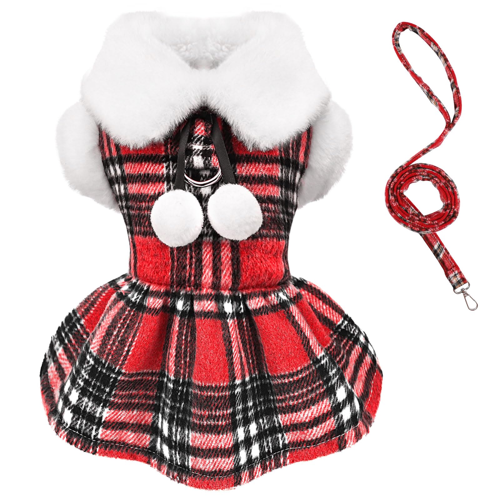 Plaid Dog Harness Dress And Leash Set, Fleece Puppy Sweater For Small Dogs Girl, Winter Warm Puppy Clothes With D Ring, Red Pet 