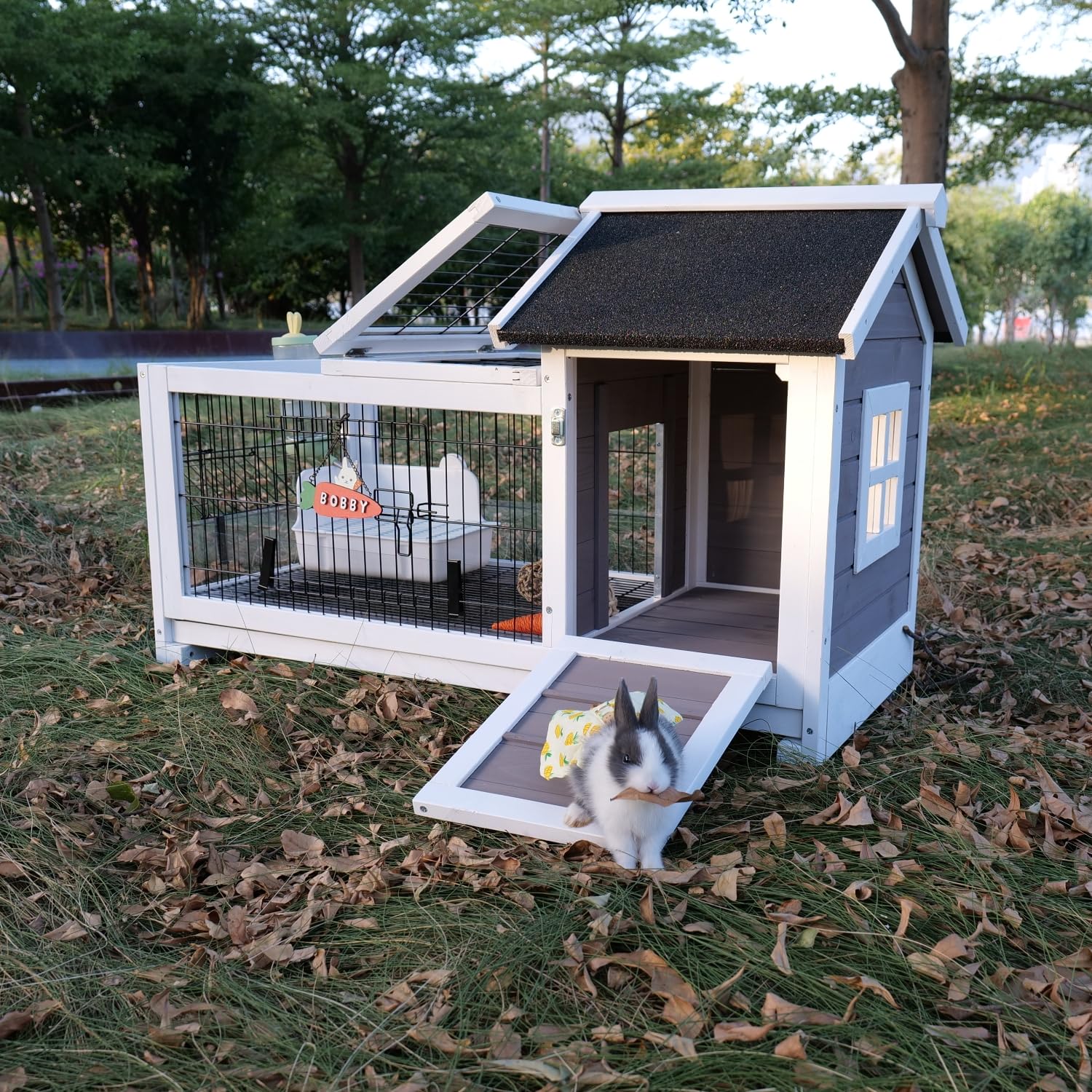 Funxplore Rabbit Hutch Indoor Outdoor Rabbit Cage Bunny Hutch With Casters, Urine Baffles Bottom Wire Floor Leakproof Tray Metal