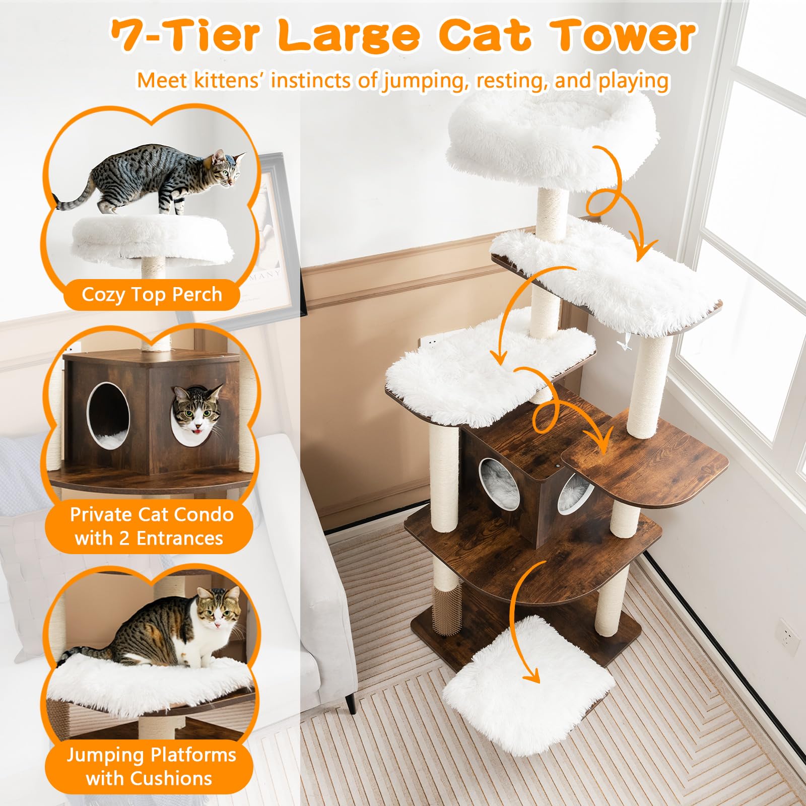 Tangkula Tall Cat Tree, 71-Inch Cat Tower With Multi-Layer Platform, Modern Wood Cat Tree With Sisal Scratching Posts, Self Groomer, Cat Condo, Washable Cushions For Large Cats 20 Lbs Heavy Duty