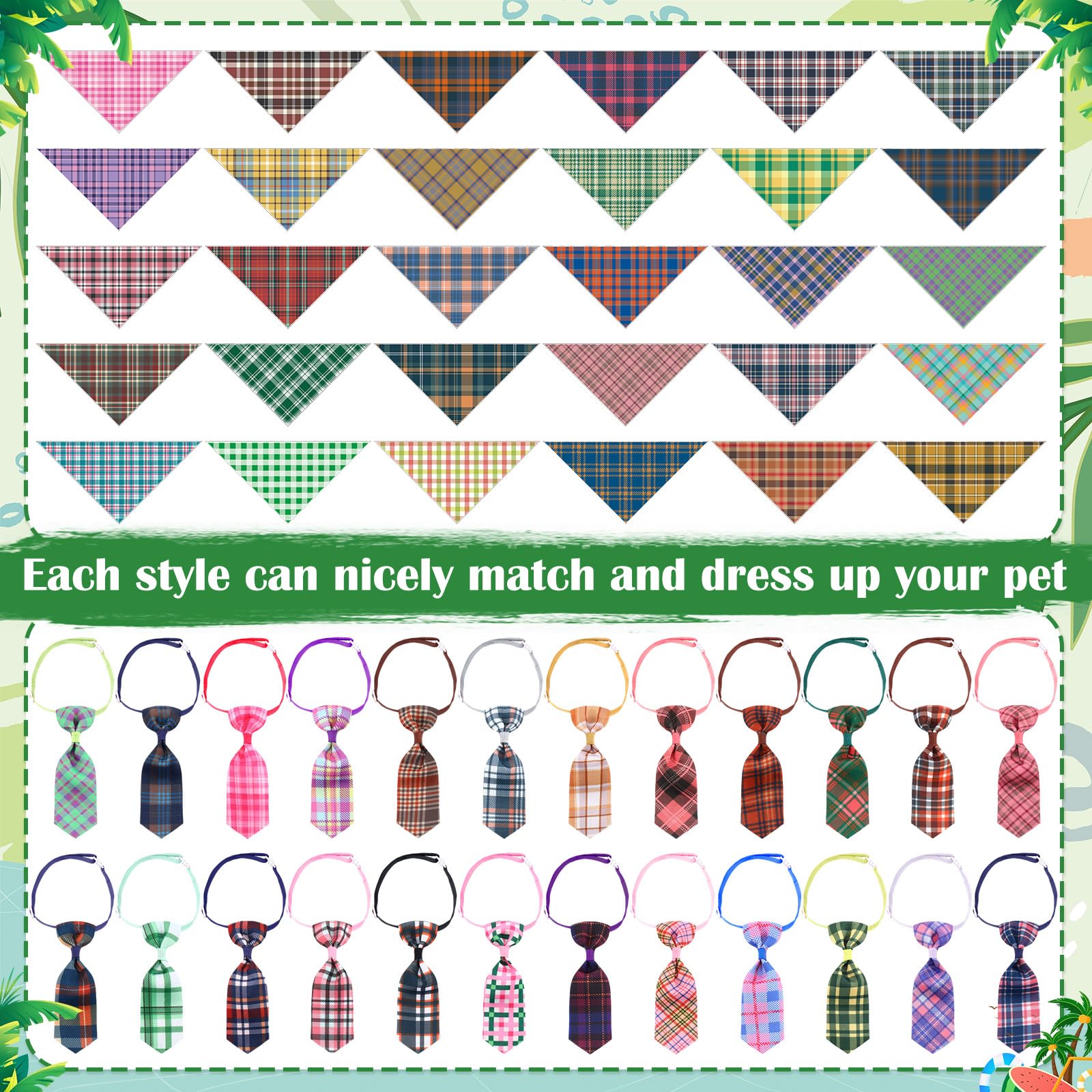 Reginary 108 Pcs Dog Bandanas Bow Tie Set Bulk Pet Triangle Scarf Plaid Pattern Pets Kerchief Adjustable Washable Bibs Neck Coll