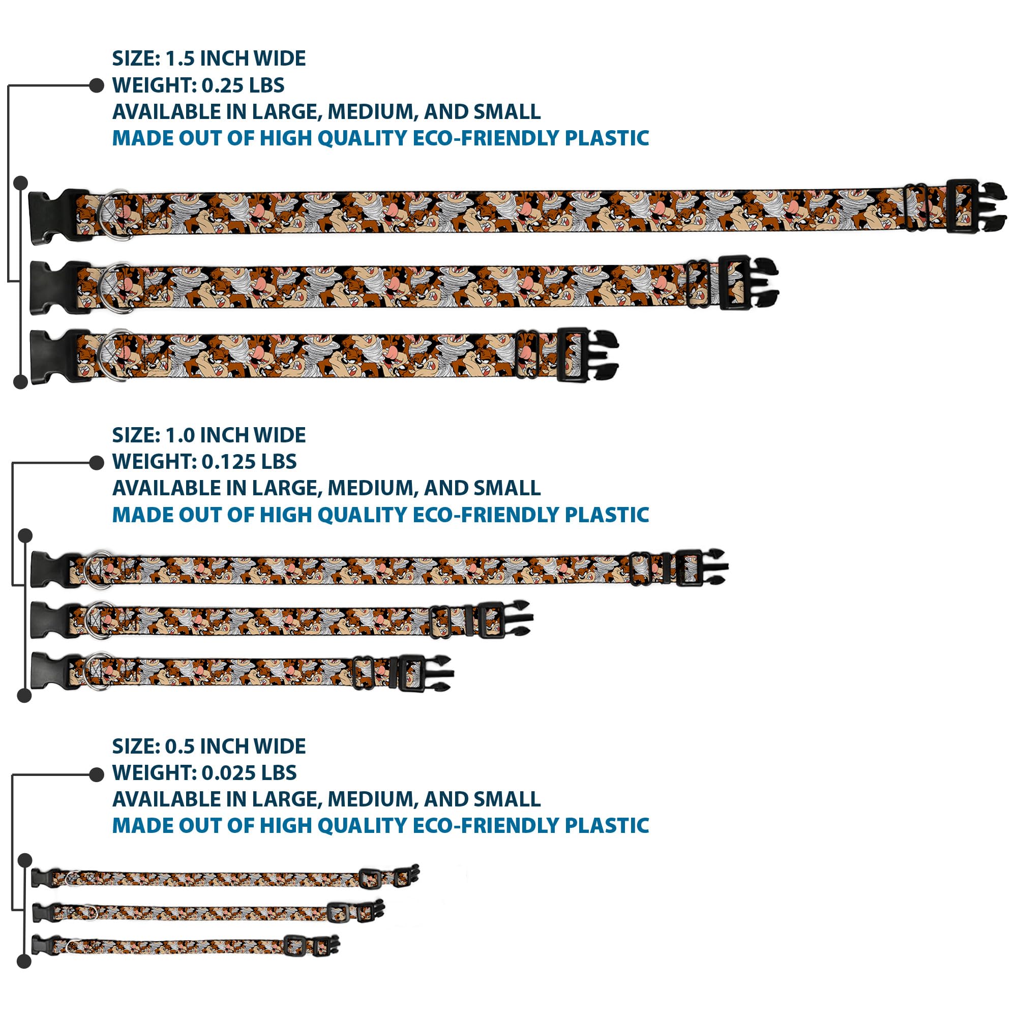 Dog Collar Plastic Clip Tasmanian Devil Vortex Poses Stacked Black 6 To 9 Inches 0.5 Inch Wide