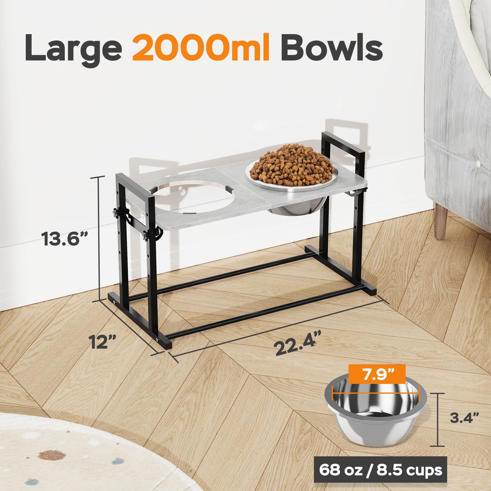 Elevated Dog Bowls For Large Dogs, 4 Height Adjustable Tilted Raised Dog Bowl Stand With 2 Stainless Steel 2L Bowls, 13.6'' Tall