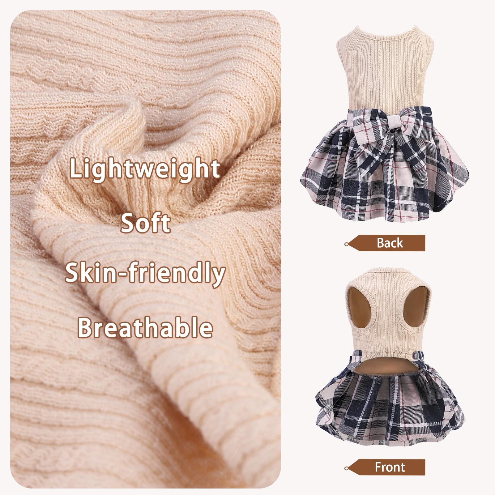 Pupteck Classic Plaid Dog Dress Pet Apparel With Cute Bowtie Puppy Clothes Outfit,Cream,M
