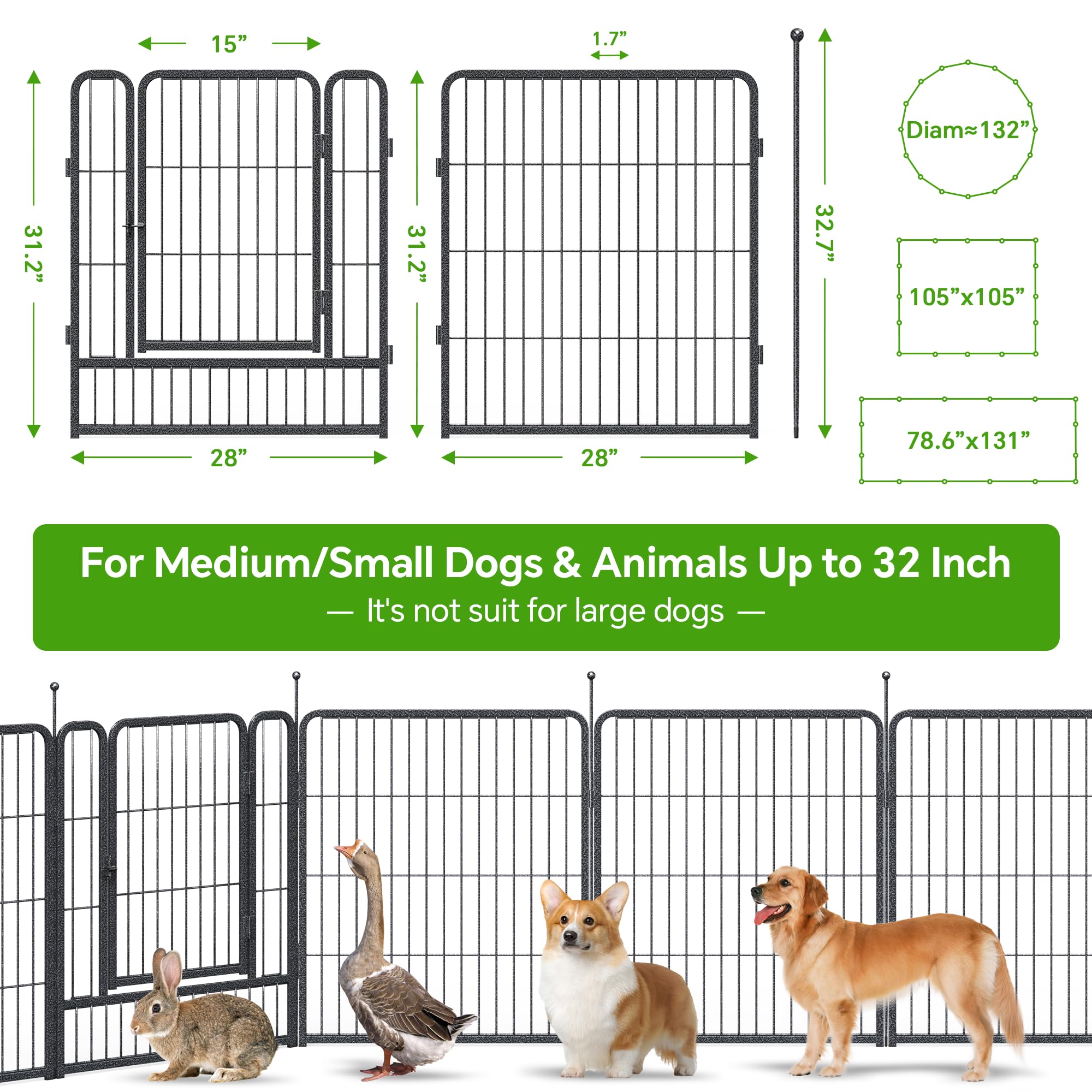 Mr Ironstone Dog Playpen With Anti-Rust Coating - 32'' Height 16 Panels Portable & Foldable Indoor/Outdoor Pet Fence For Large,