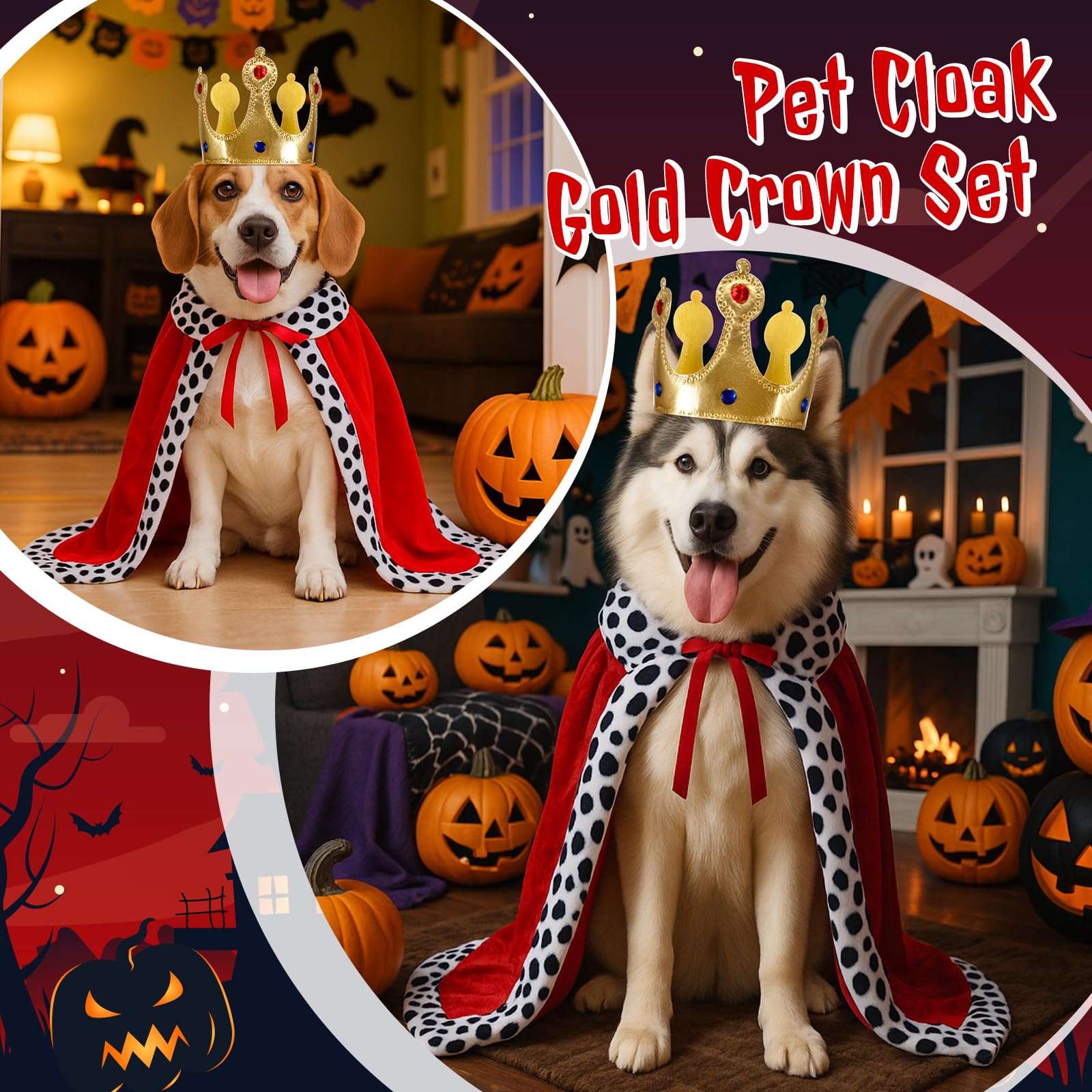 Talltalk 2 Pcs Halloween Dog King Costume, Pet Cloak Cape Puppy Velvet Robe and Gold Crown Set Royal Clothes Pet Queen Prince Pr