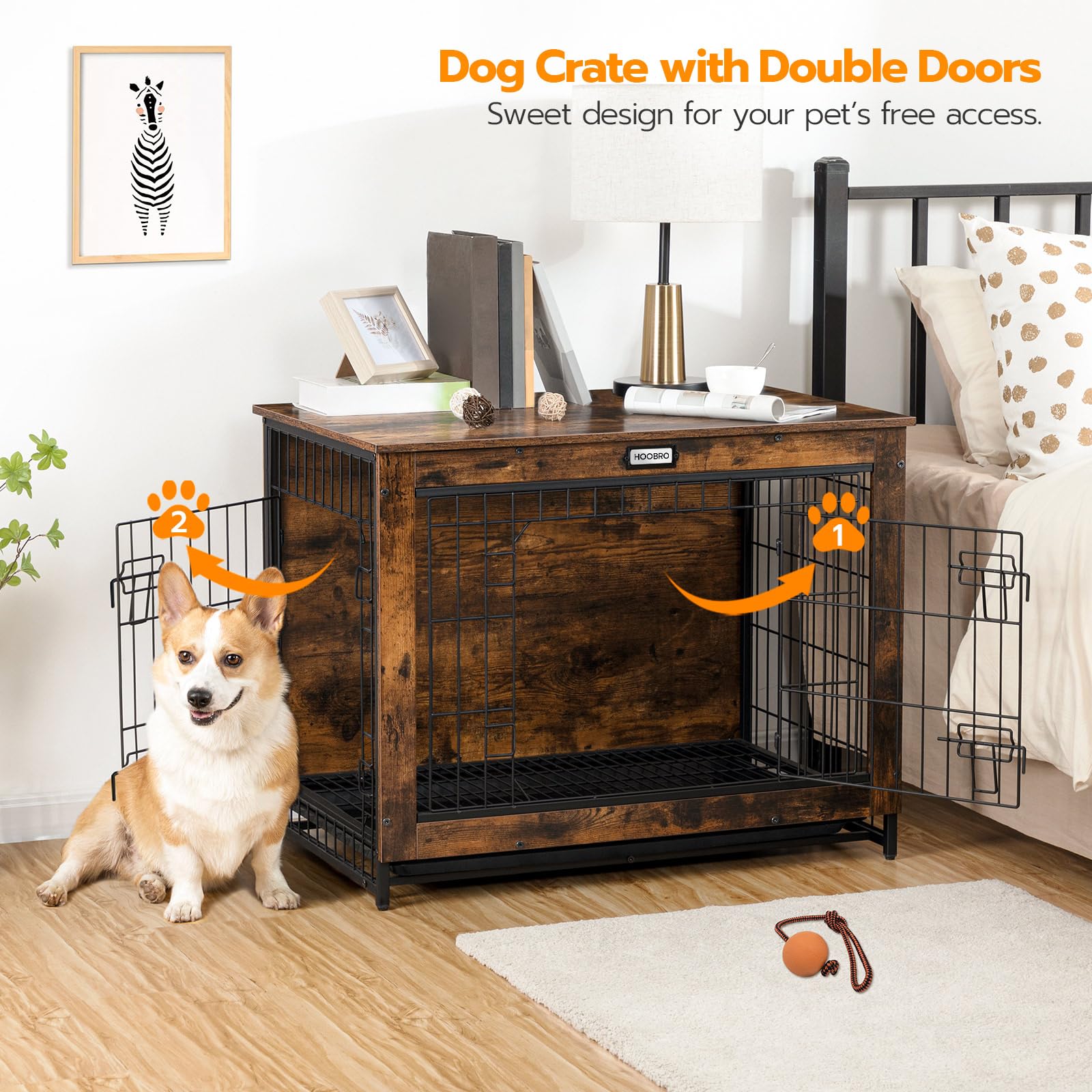 Hoobro Dog Crate Furniture, 32.5'' Medium Dog Kennel Indoor, Wooden Cage With Pull-Out Tray, Double Doors Pet House Side End Tab