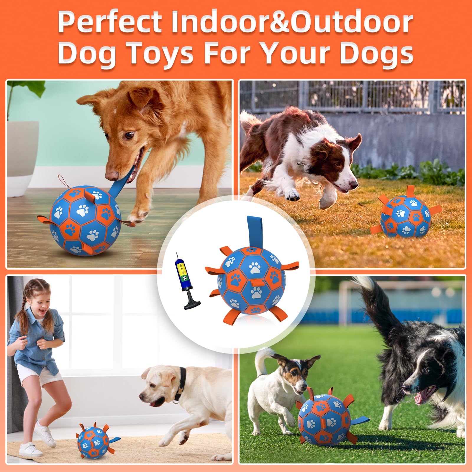 QDAN Dog Tug Toy - Interactive Soccer Ball with Straps, Durable PU Leather, Large Size, Blue & Orange, Perfect for Tug of War and Water Play