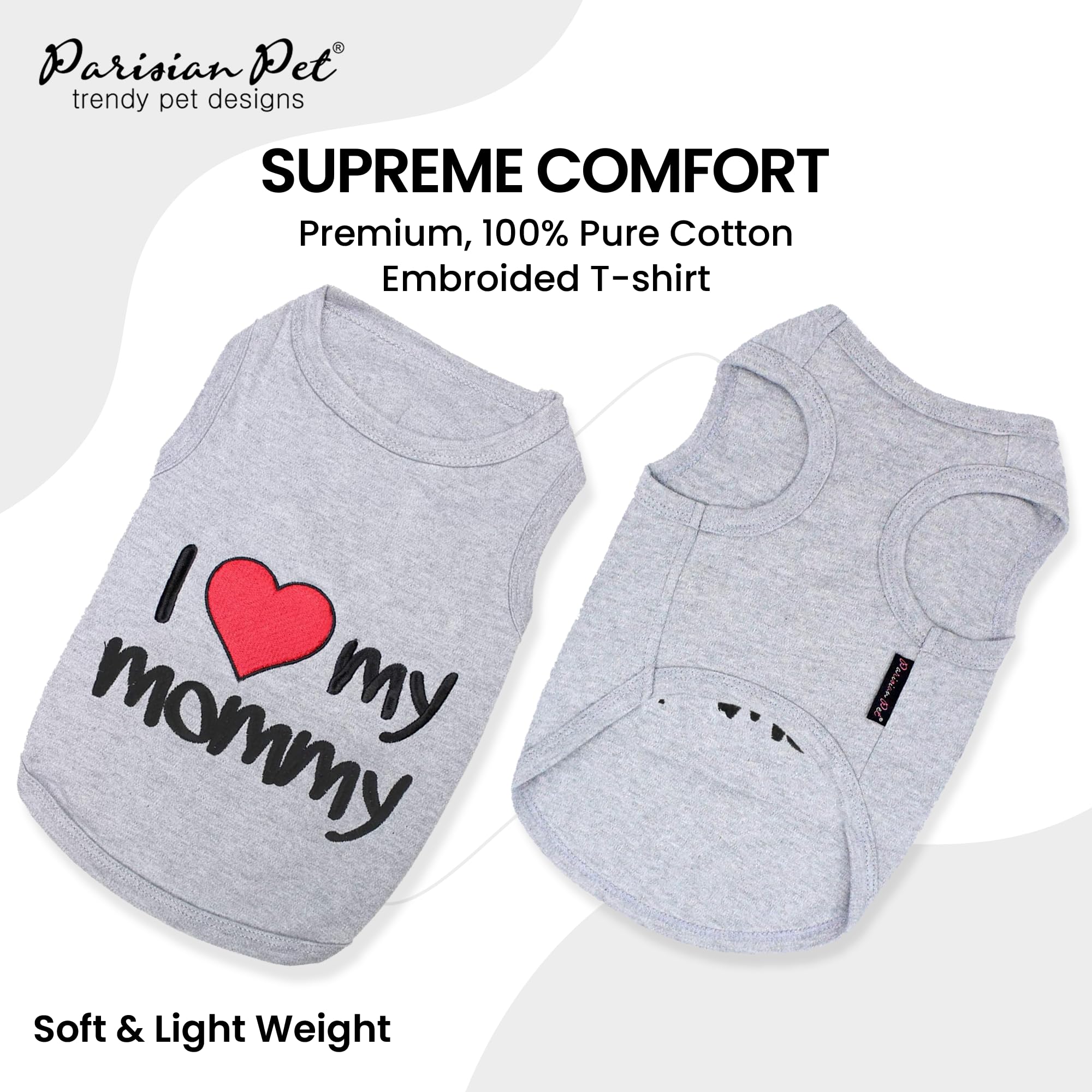 Parisian Pet Unisex Dog T-Shirt With Embroidered 'I Love My Mommy' Words - 100% Cotton, I Love My Mom Shirt - Sleeveless Pet Vest - Grey Dog Clothes For Medium-Sized Dogs, M
