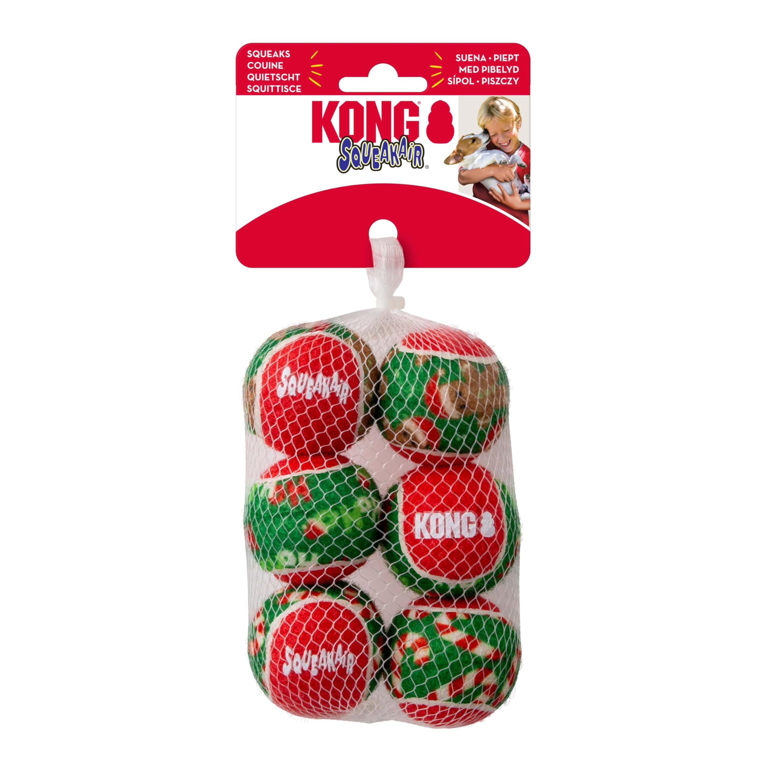 KONG Holiday SqueakAir Tennis Balls Dog Toy - 6-Pack Plush-Felt Squeaky Fetch Balls with Christmas Theme, Non-Abrasive Material 