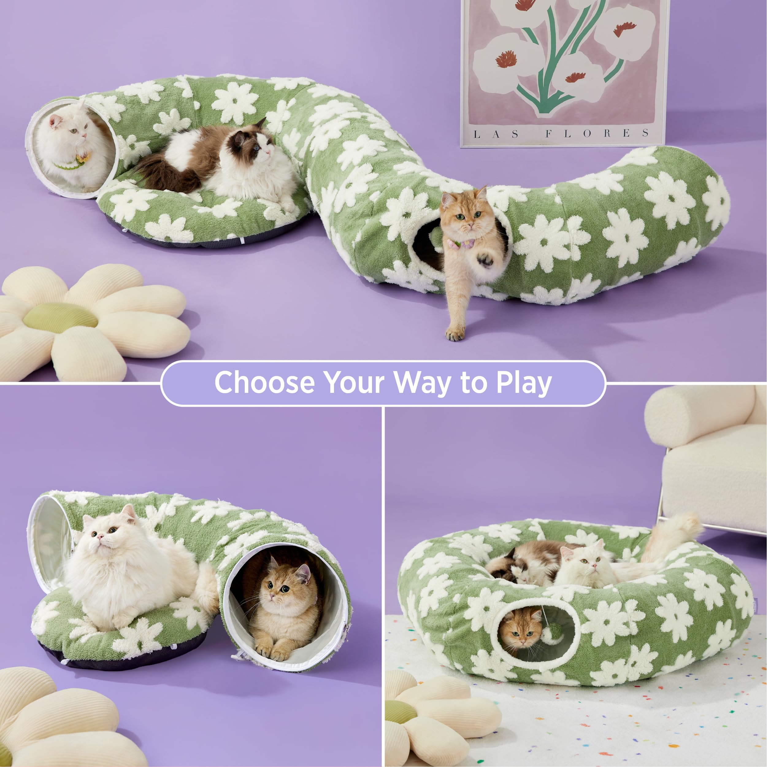 LE SURE Large Cat Tunnel Bed - Green Cute Donut with Washable Cushion, Round Peekaboo Cave for Cats, Kittens, Puppies, Rabbits