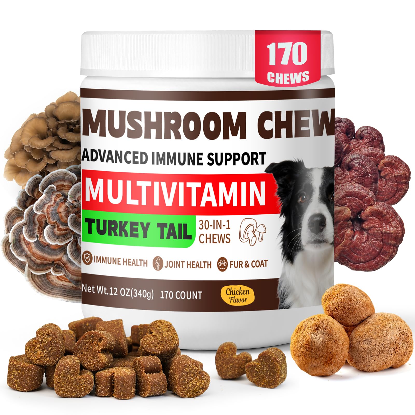 Turkey Tail Mushroom for Dogs, 170 Count Mushroom Chews for Dogs, Chicken Flavor Mushroom Supplements for Dogs, Immune Support, 