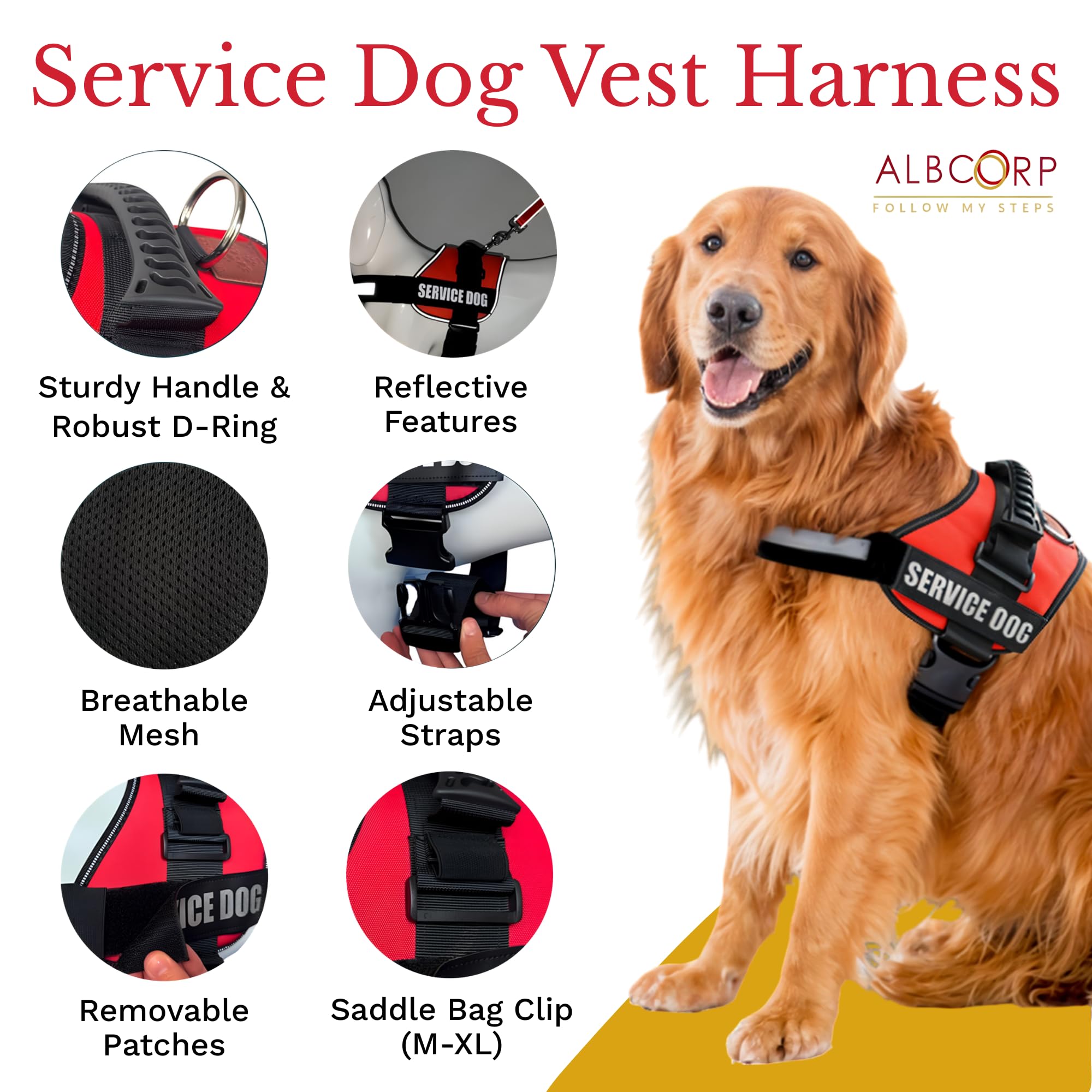ALBCORP Service Dog Vest Harness - Reflective, No-Pull Harness with Handle & Comfy Mesh Padding - Sizes XXS-XL for Puppies, Smal