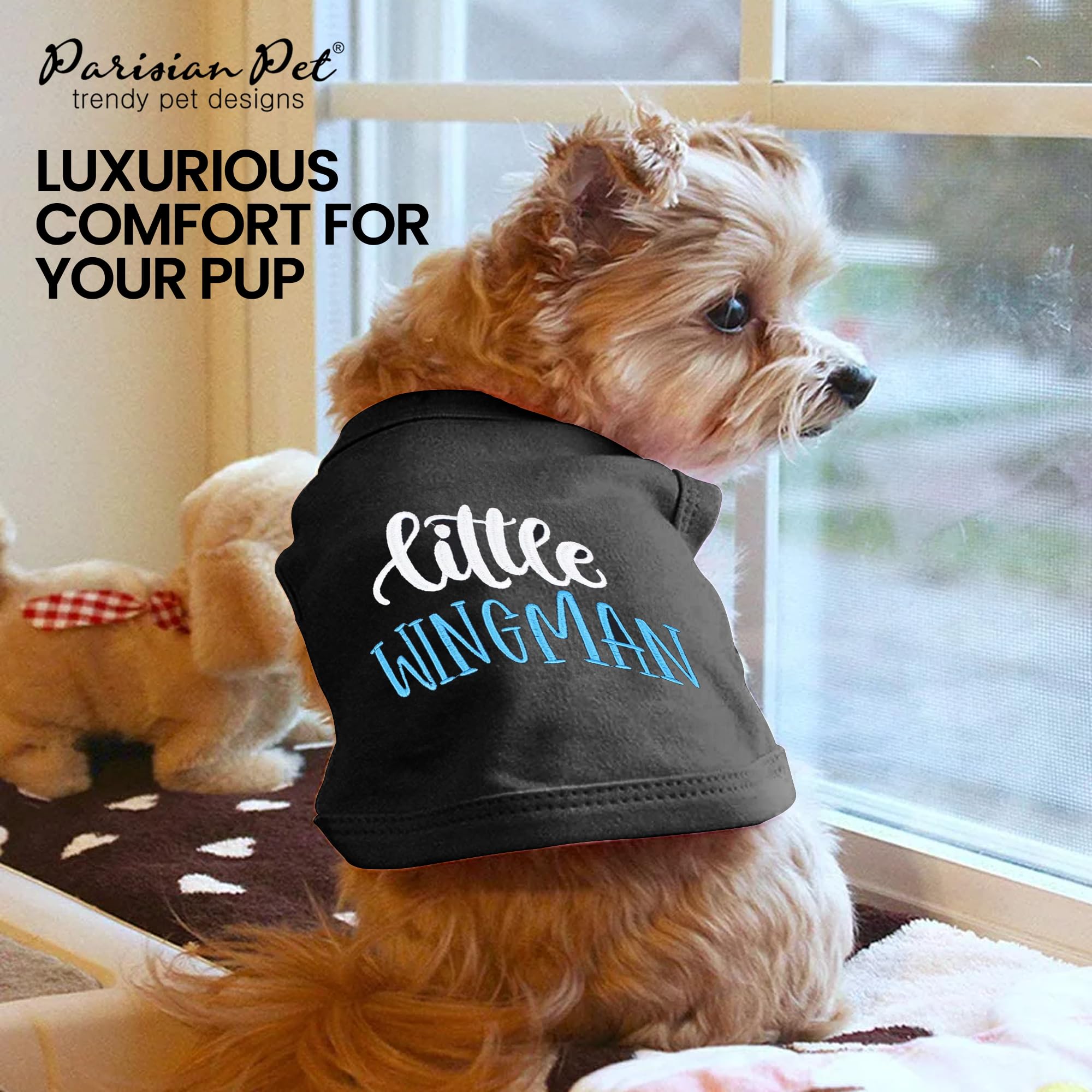 Parisian Pet Embroidered 'Little Wingman' Sleeveless Black Cotton Dog Tee - Machine Washable For Large Dogs