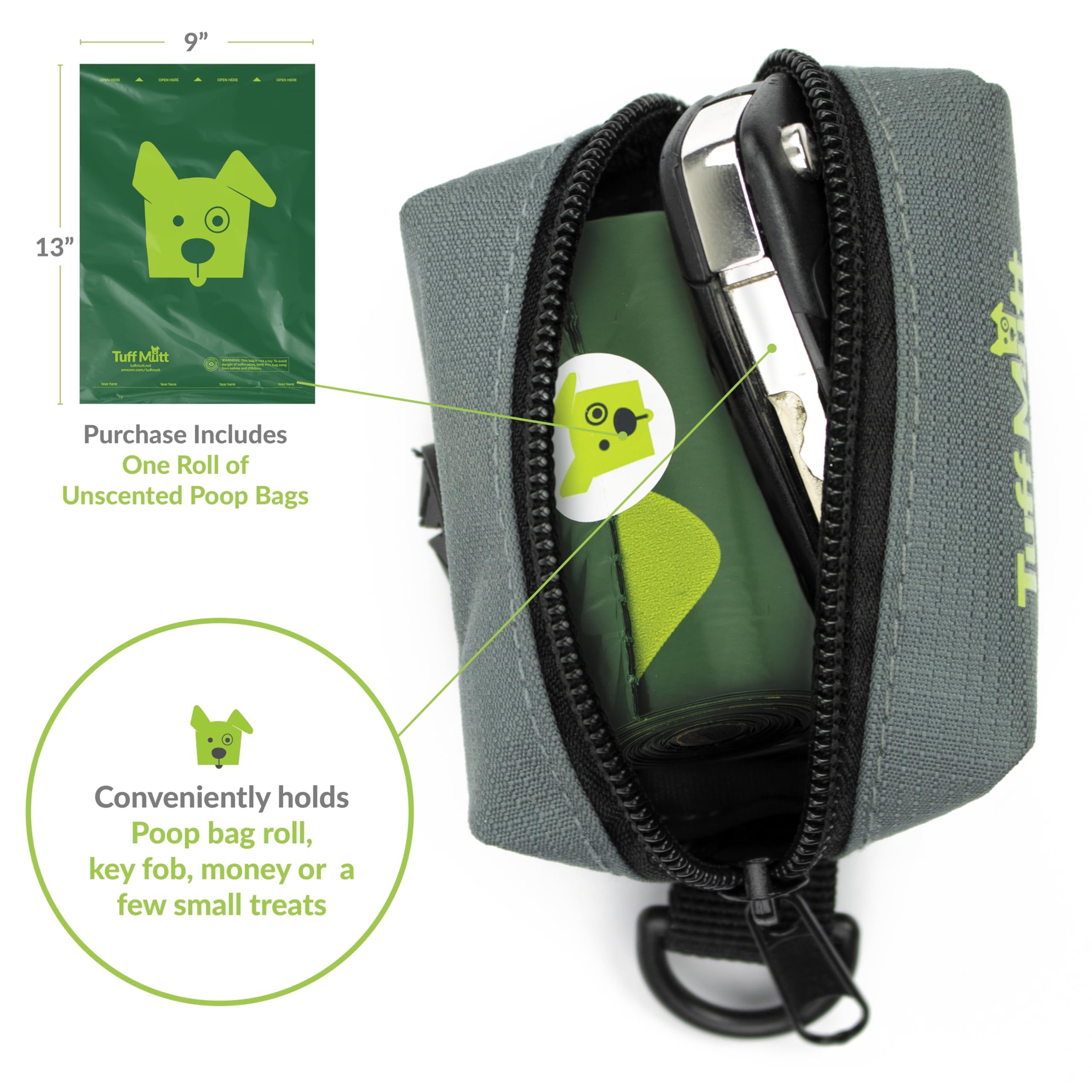 Tuff Mutt Dog Poop Bag Holder for Leash, Accessory For All Leashes, Lightweight Doggie Poop Bag Dispenser Allows For Easy Access
