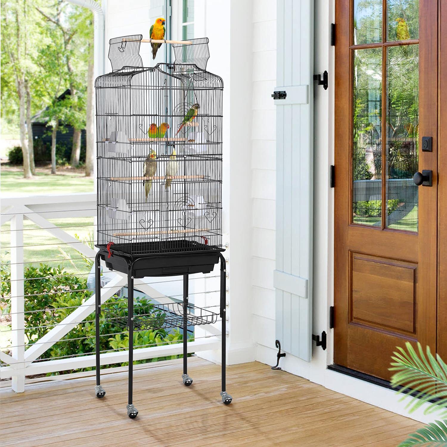 Yaheetech 64-Inch Open Top Bird Cage with Rolling Stand, Alloy Steel, Black, for Parrots, Lovebirds, Finches, and More