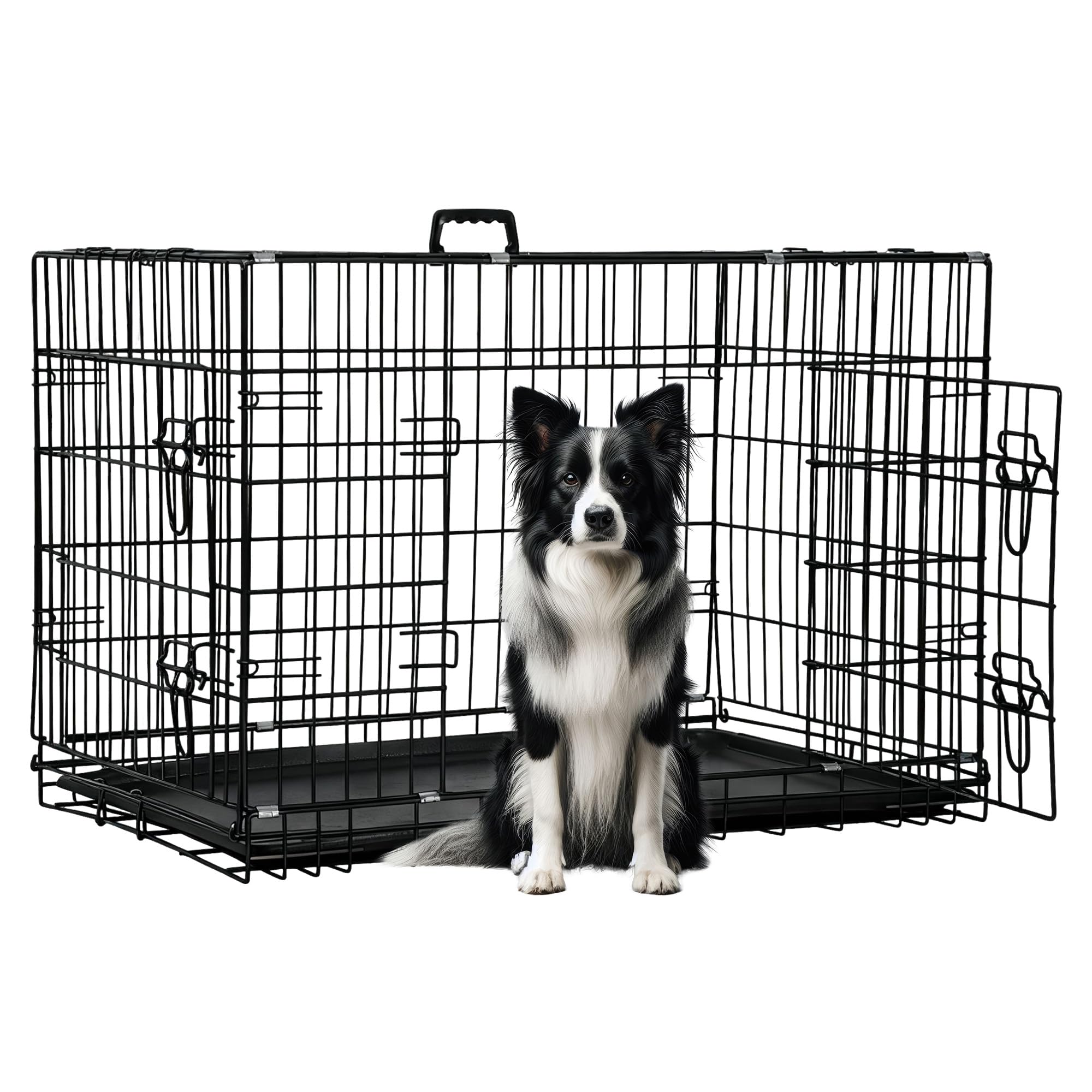 FDW Dog Crate 42-Inch Dog Cage Foldable Metal Kennel with Leakproof Tray Foldable Design Indoor Outdoor Use for Large Dogs,Dark 