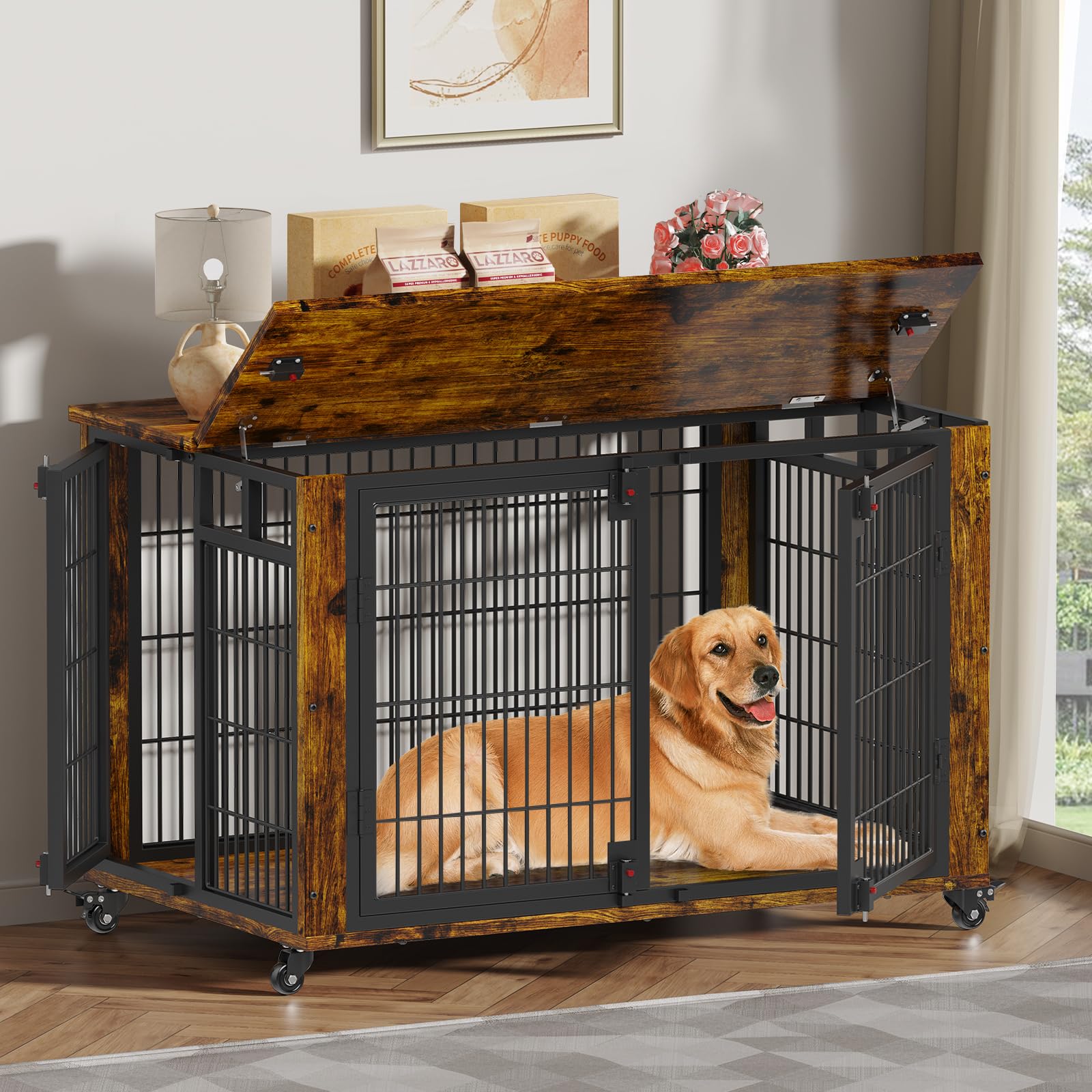 EasyCom 90% Pre-Assembled 41 Moveable XL Dog Crate, Large Dog Crate Furniture with Top-Access Teasing/Feeding Doors, Chew-Resist