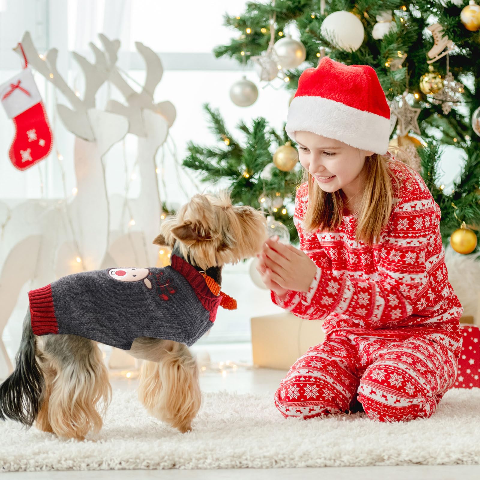 Axiijgl Christmas Reindeer Dog & Cat Fleece Sweater - Striped Winter Clothes With Leash Hole