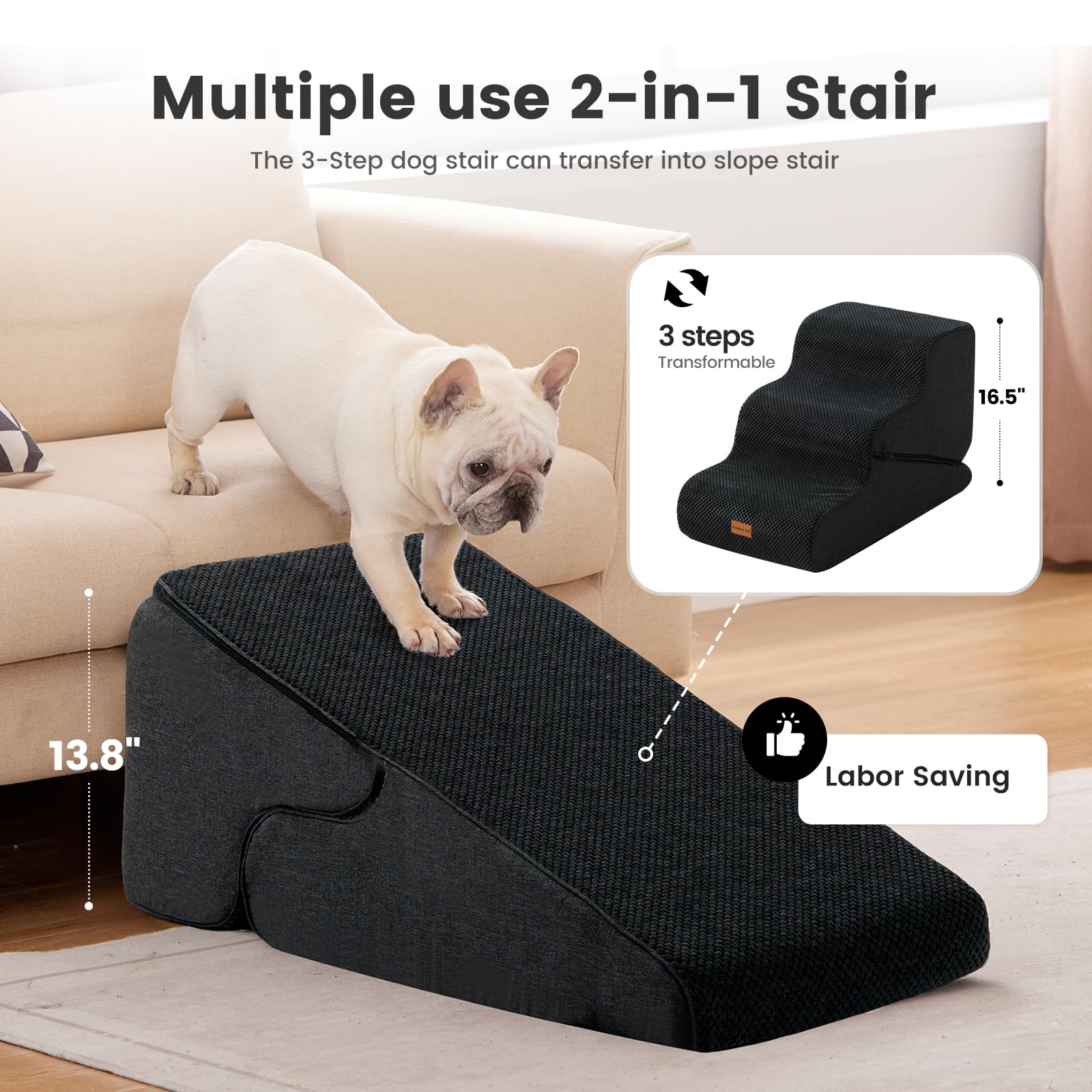 Gardner Pet Dog Stairs for Small Dogs 16.5 H, 2 in 1 Transformable 3-Step Pet Stairs and Dog Ramp for Couch (13-20 in), Black Ad