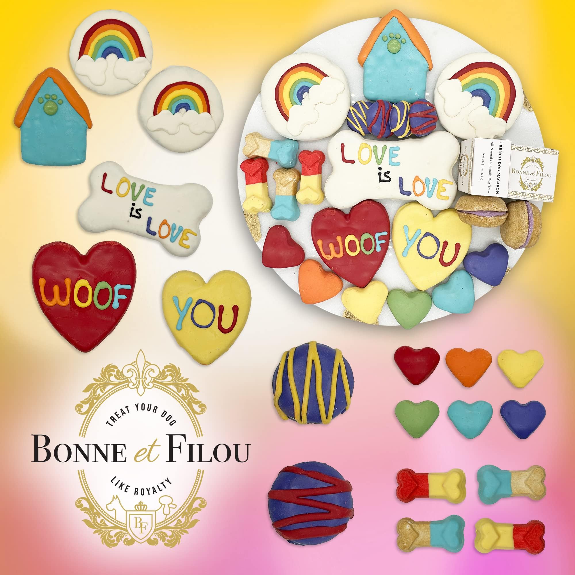 Bonne et Filou Pride Themed Human Grade Gourmet Dog Treats Gift Box 22 Luxury Snacks with Macarons, Truffles & Bone Cookies Heal