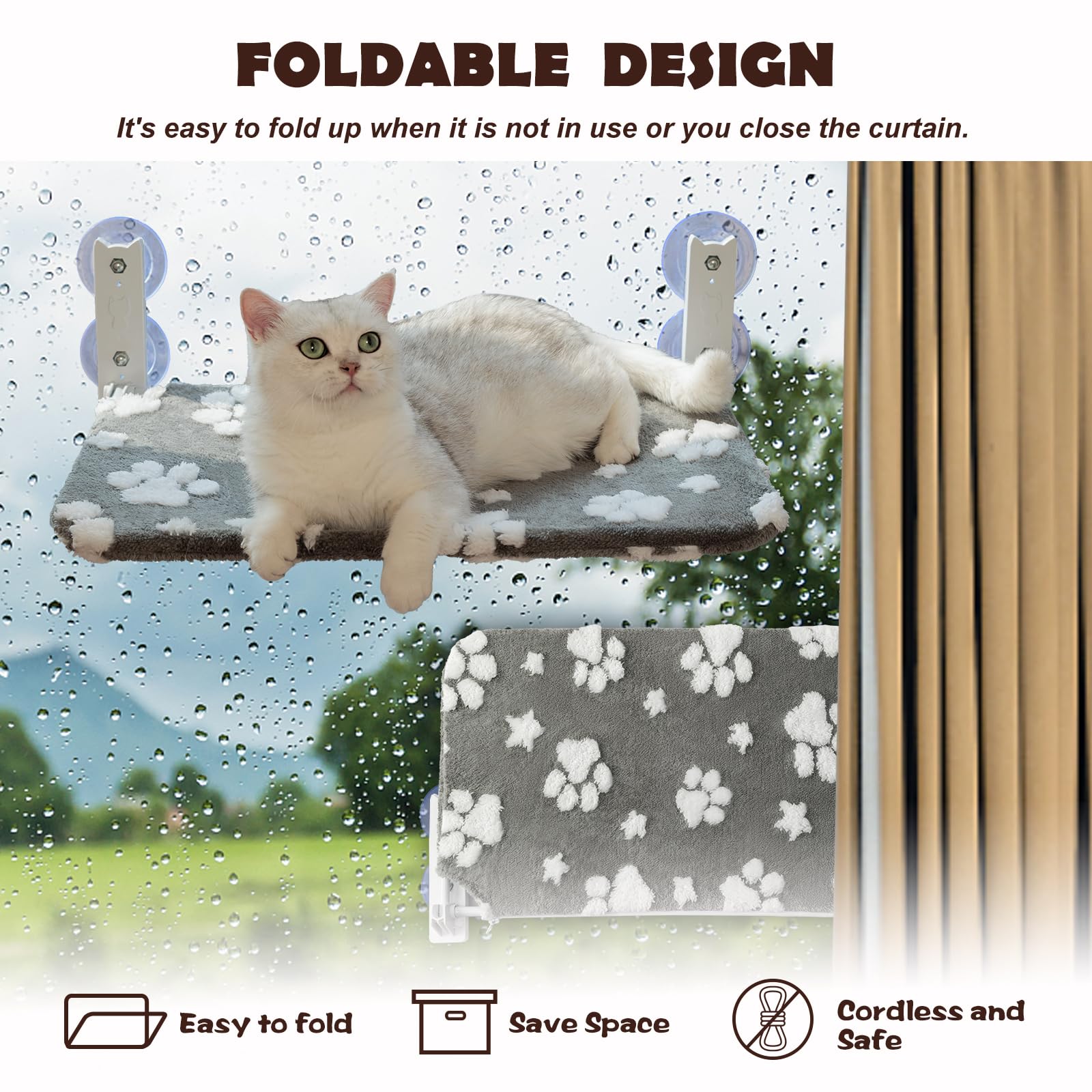 Yaning Cat Window Perch, Foldable Cat Window Hammock With Cute 3D Textured Paw Cover And Strong Suction Cups, Cordless Window Se