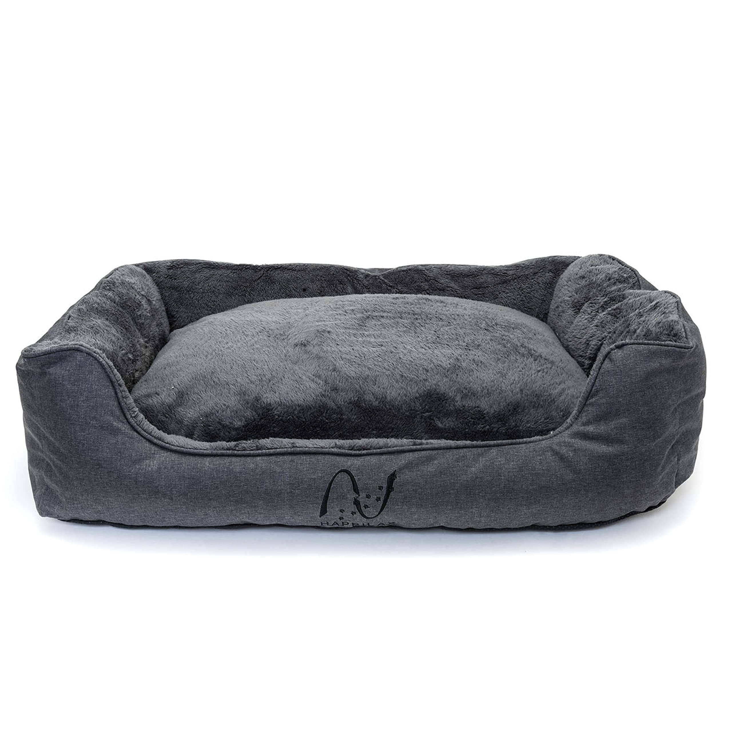 Happilax Dog Bed - Washable Plush Pillow - Dog Bed With Removable Cover - Raised Edges - Small To Large Dogs - Rectangular Bolster Pet Bed - Grey