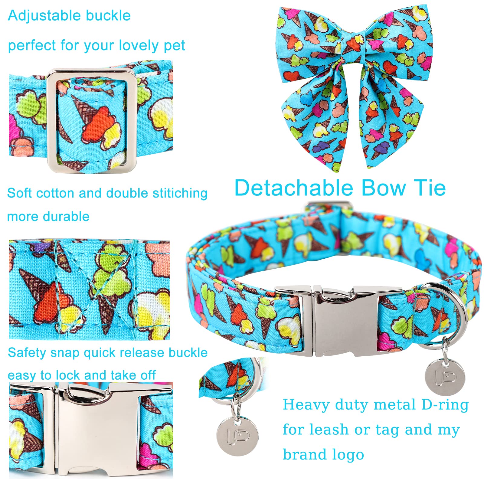 Up Urara Pup Summer Dog Collar With Bow Tie, Cotton Cute Bowtie, Comfortable Blue Collar With Metal Buckle, Xl, Neck 16-26In