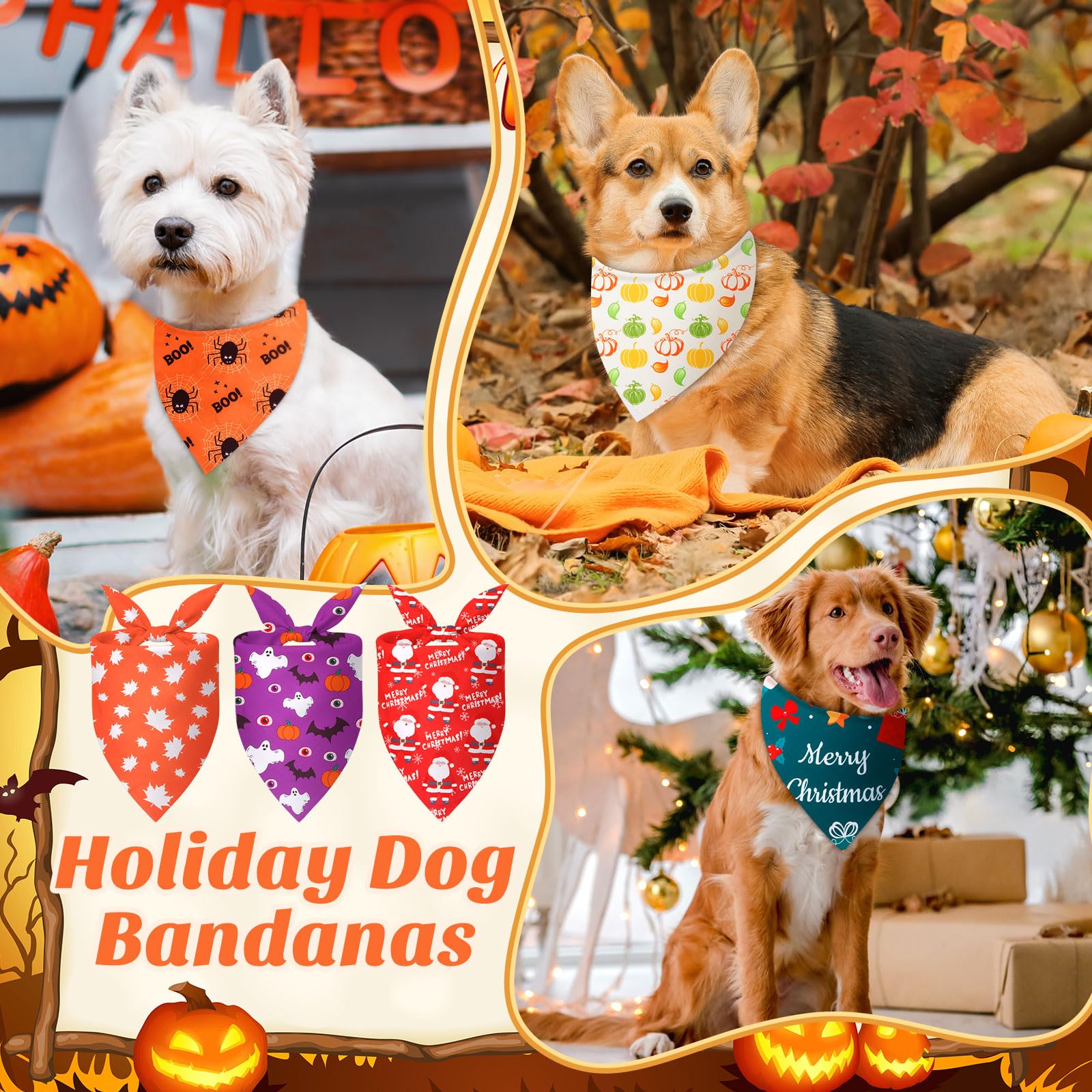Chunful 30 Pcs Holiday Dog Bandanas Bulk for Fall Thanksgiving Halloween Christmas with Maple Leaves Pumpkin Ghost Snowman Seaso