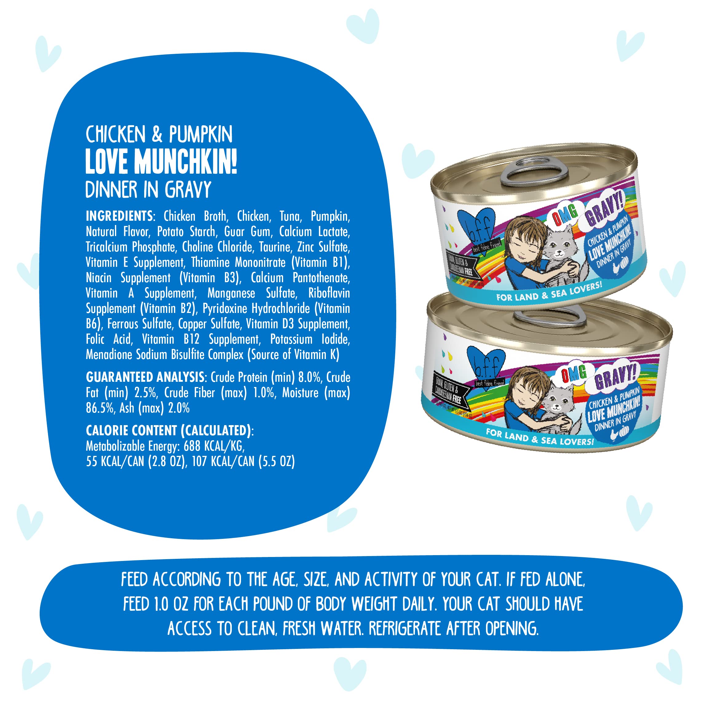 Weruva B.F.F. OMG - Best Feline Friend Oh My Gravy!, Love Munchkin! with Chicken & Pumpkin in Gravy Cat Food, 2.8oz Can (Pack of