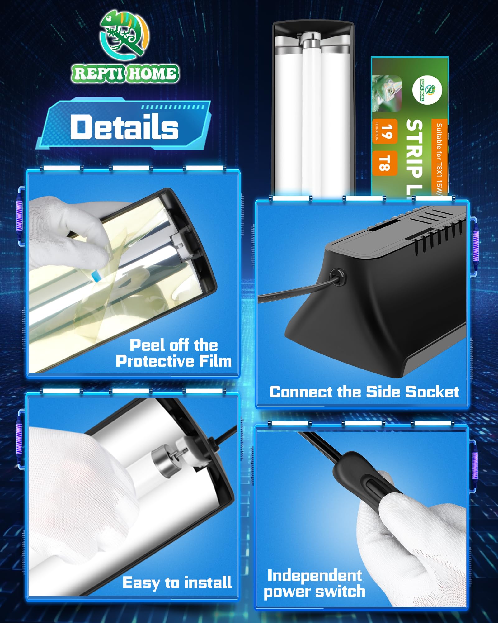 REPTI HOME T5 UVA UVB Reptile Light Combo Kit, 39W, Black, Includes Fluorescent Tube and Lamp Bulb for Bearded Dragon and Tortoise