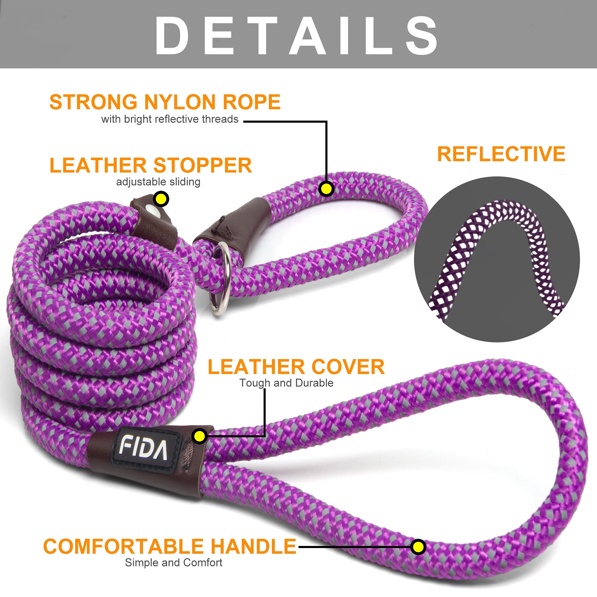 Fida Durable Slip Lead Dog Leash Bulk Pack Of 5, Heavy Duty 1/2' X 6 Ft Comfortable Strong Rope Slip Leash For Large, Medium Dogs No Pull Pet Training Leash With Highly Reflective, Purple