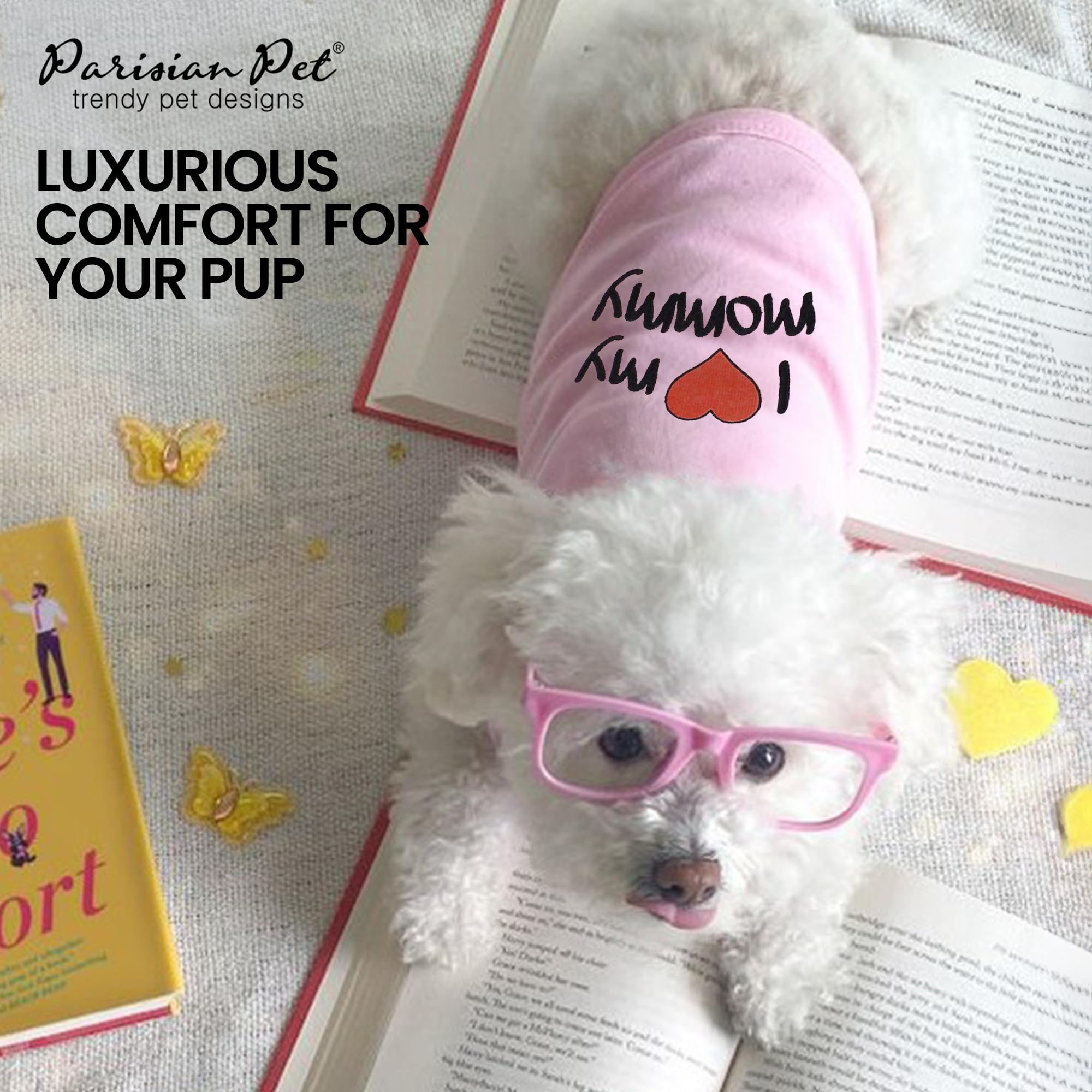 Parisian Pet Dog T-Shirt With Embroidered 'I Love My Mommy' Words - 100% Cotton, Pink Dog Clothes - Breathable Sleeveless Pet Vest - Machine Washable Dog Shirts For Small Dogs, S