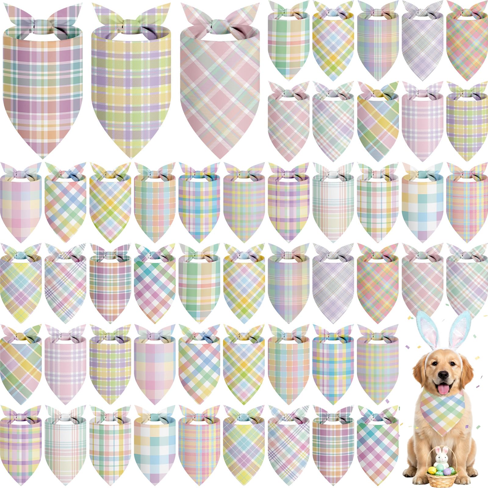Abbylike 50 Pcs Easter Plaid Dog Bandanas Bulk Pastel Plaid Bandanas for Dogs Triangle Kerchief Bibs Scarf Set for Pet Easter Co