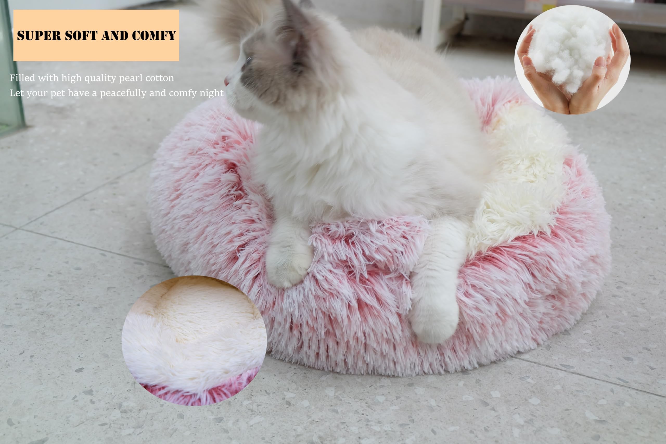 Zanesun Calming Dog Bed & Cat Cave With Hooded Cover, Plush Fluffy Anti-Anxiety Cat Bed, Waterproof Bottom Washable (Pink, 25.6X