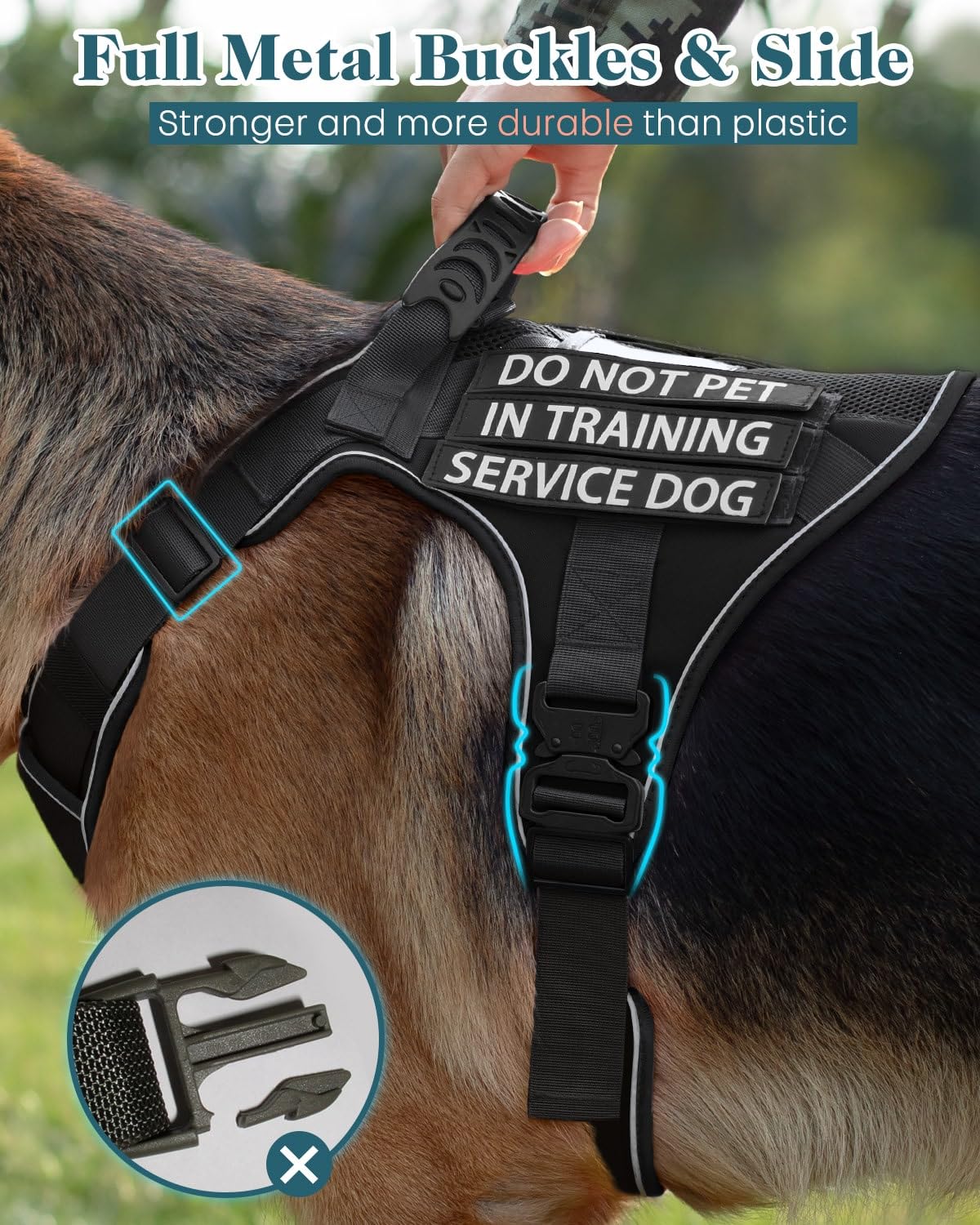 Reflective Black Service Dog In Training Vest Harness For Medium Dogs, Adjustable Heavy Duty Padded Dog Harness, With Front Clip