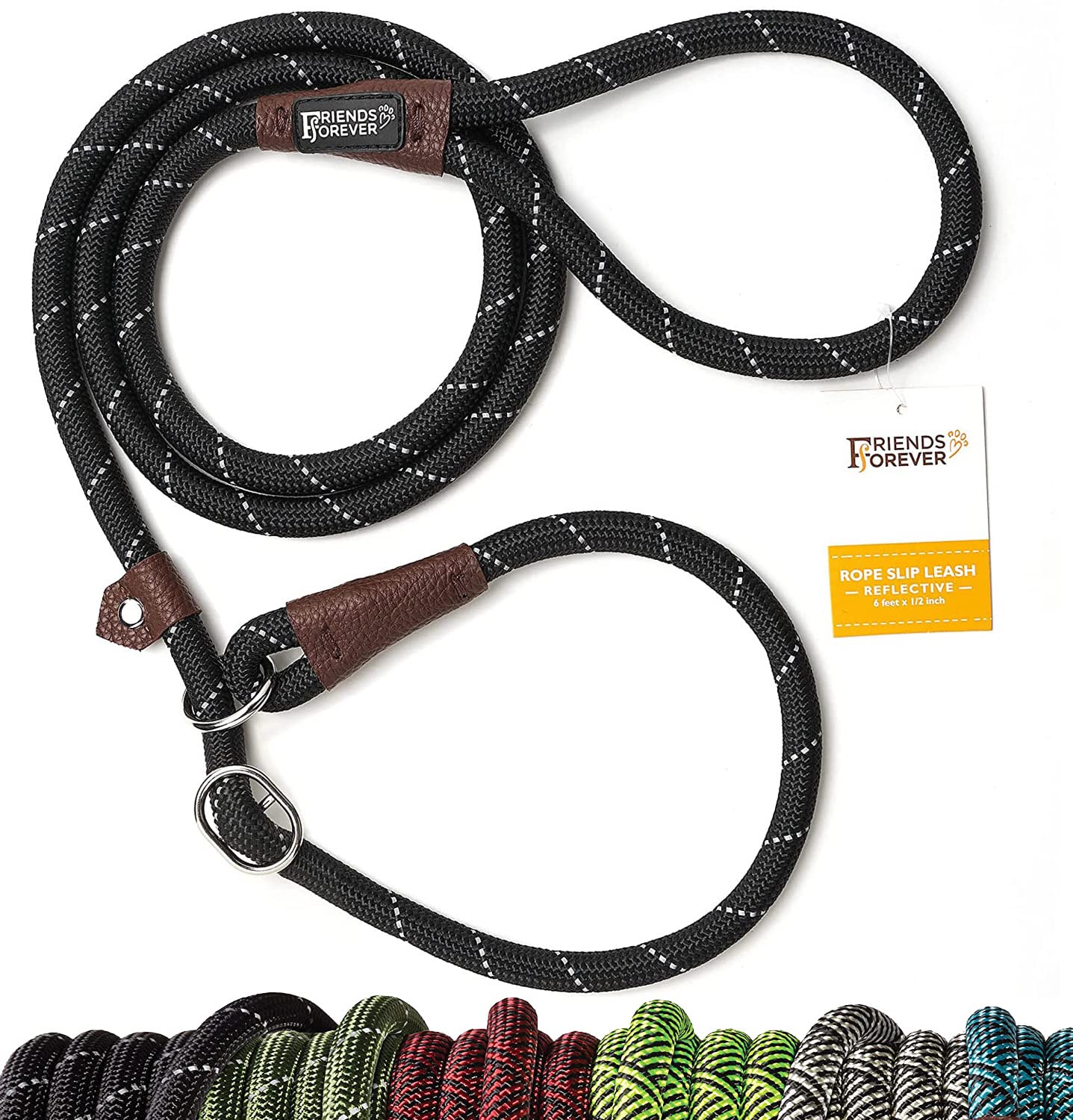 Friends Forever Extremely Durable Dog Rope Leash, Premium Quality Training Slip Lead, Reflective, Thick Heavy Duty, Sturdy, No Pull, Comfortable For The Strong Large Medium Small Pets 6 Feet, Black