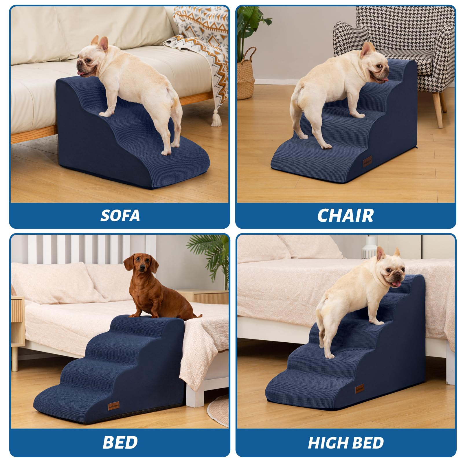 Aodisman 4-Step Dog Stairs and Ramp for Beds or Couches,Non-Slip Sturdy Pet Steps for Small Dogs and Cats,17.4 H,Blue