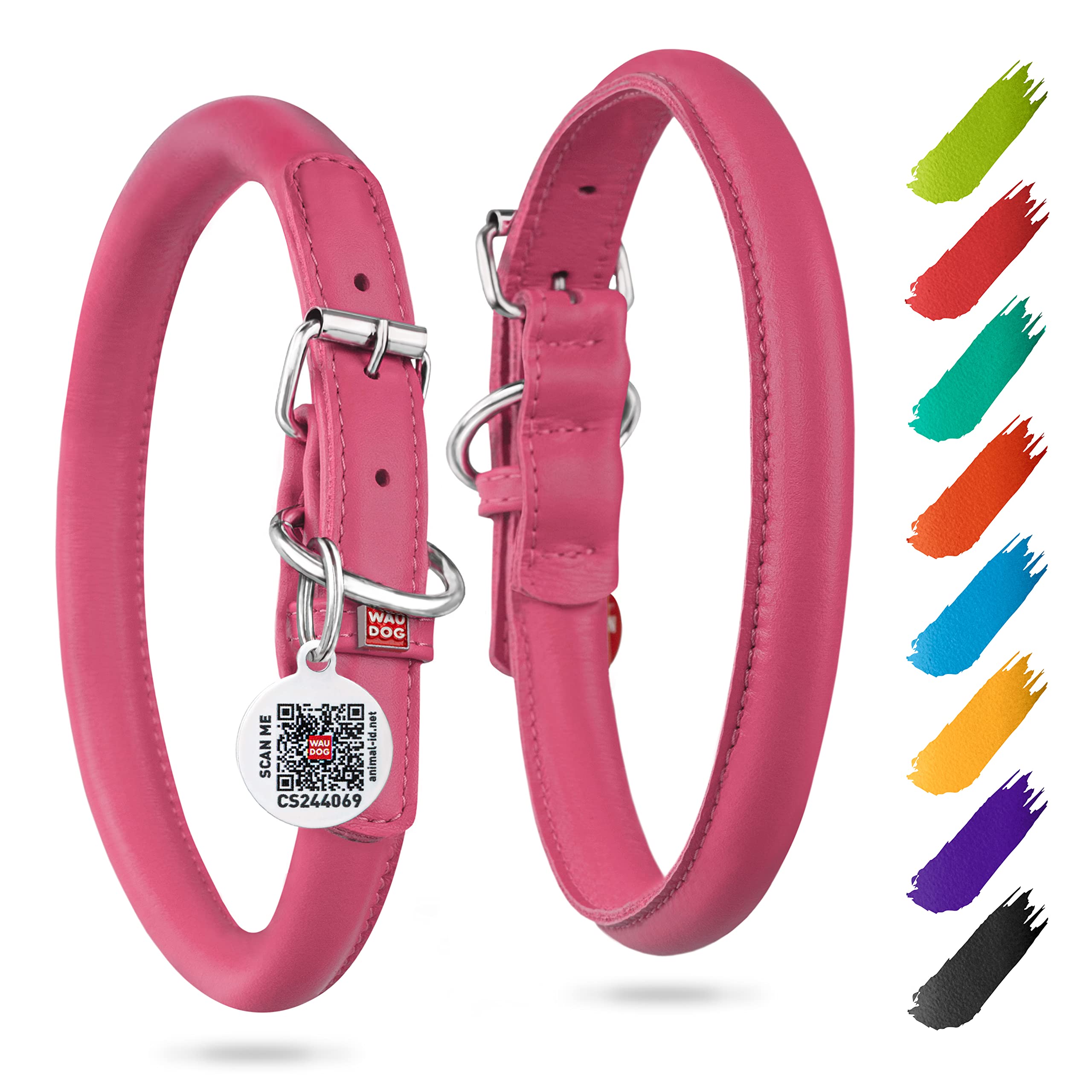 Waudog Leather Dog Collar, Soft Padded, Adjustable, For Small, Medium & Large Dogs, Ideal For Outdoor Use, Great Gift, Pink