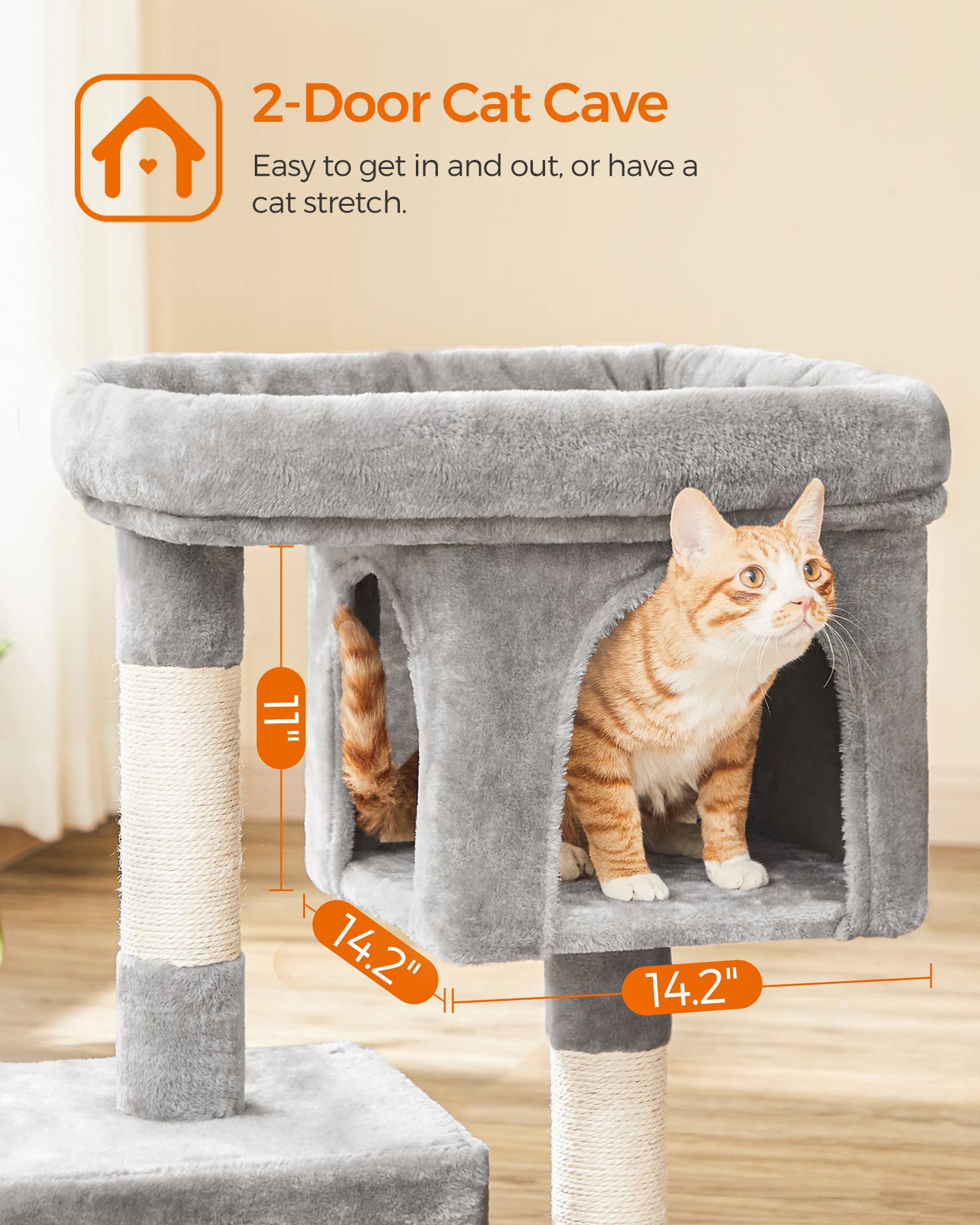 Feandrea Cat Tree, 33.1-Inch Cat Tower, Large for Cats up to 16 lb, Light Gray, 2 Cat Caves, Scratching Post, Model UPCT61