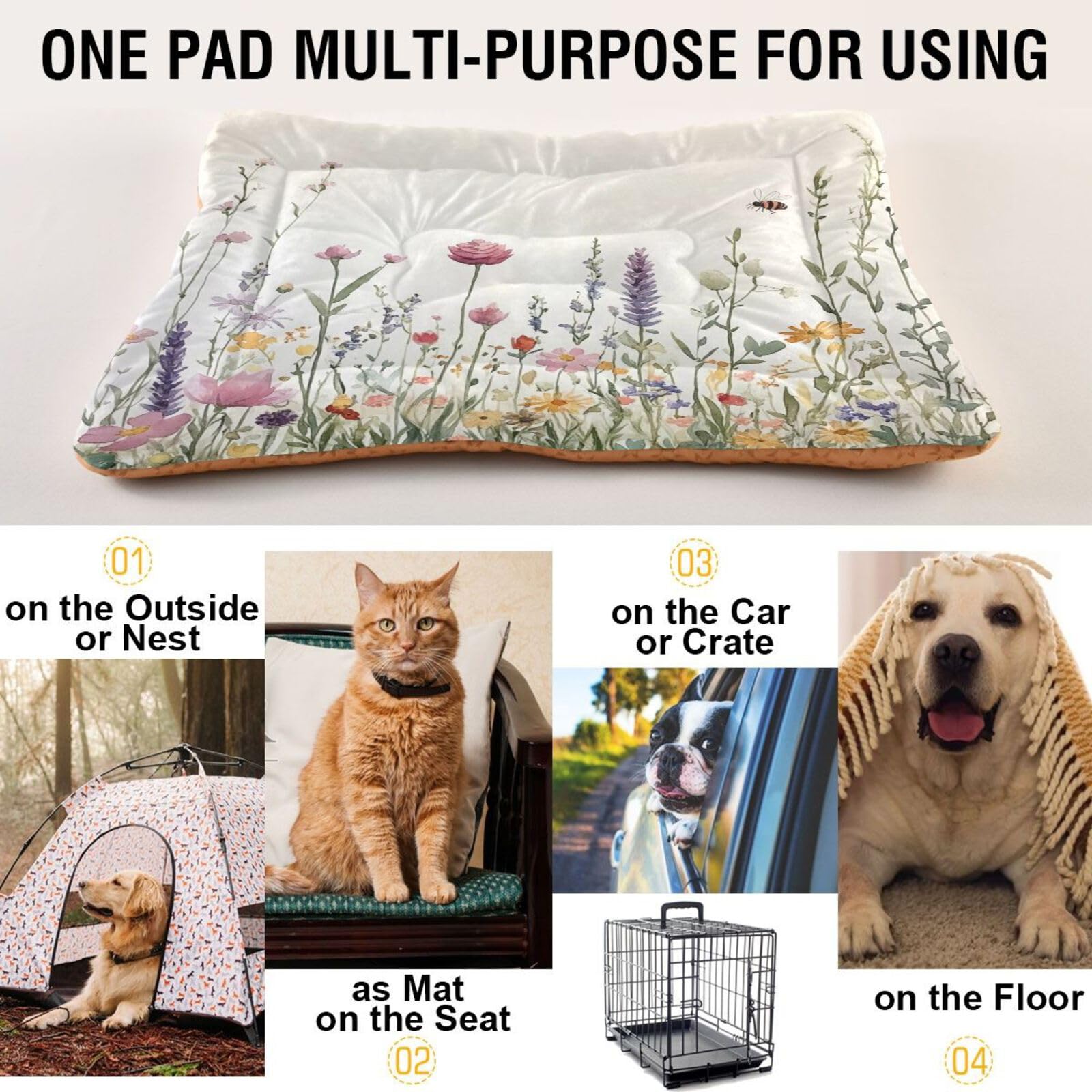 Coikll Wildflowers Pet Bed Pad Soft Dog Bed Mat With Anti-Slip Bottom, Machine Washable Crate Pad Mattress For Dog Sleeping- 24