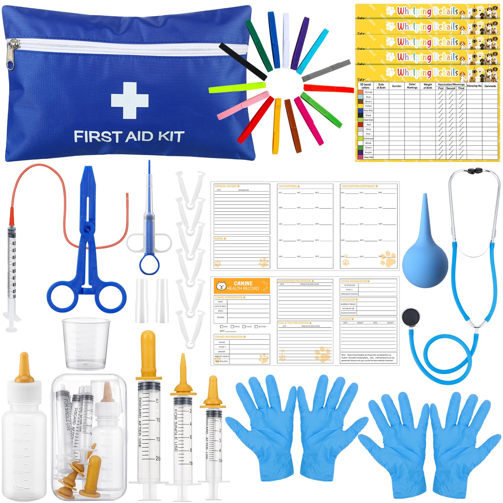 Buryeah 74 Pcs Puppy Kitten Whelping Supplies Set Puppies Birth Bag Pet Whelping Kit Bottle Feeding Kit for New Born Puppy Kitte