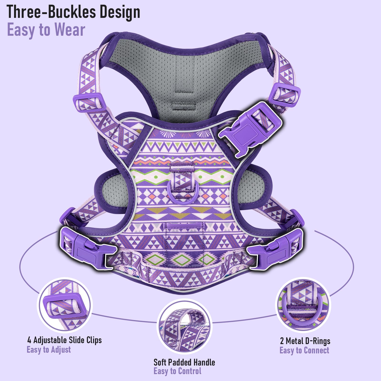 Adjustable Extra Large Dog Vest Harness No-Pull Easy Walking, Cute Pet Harness With Tribal Pattern Breathable Oxford Material 2