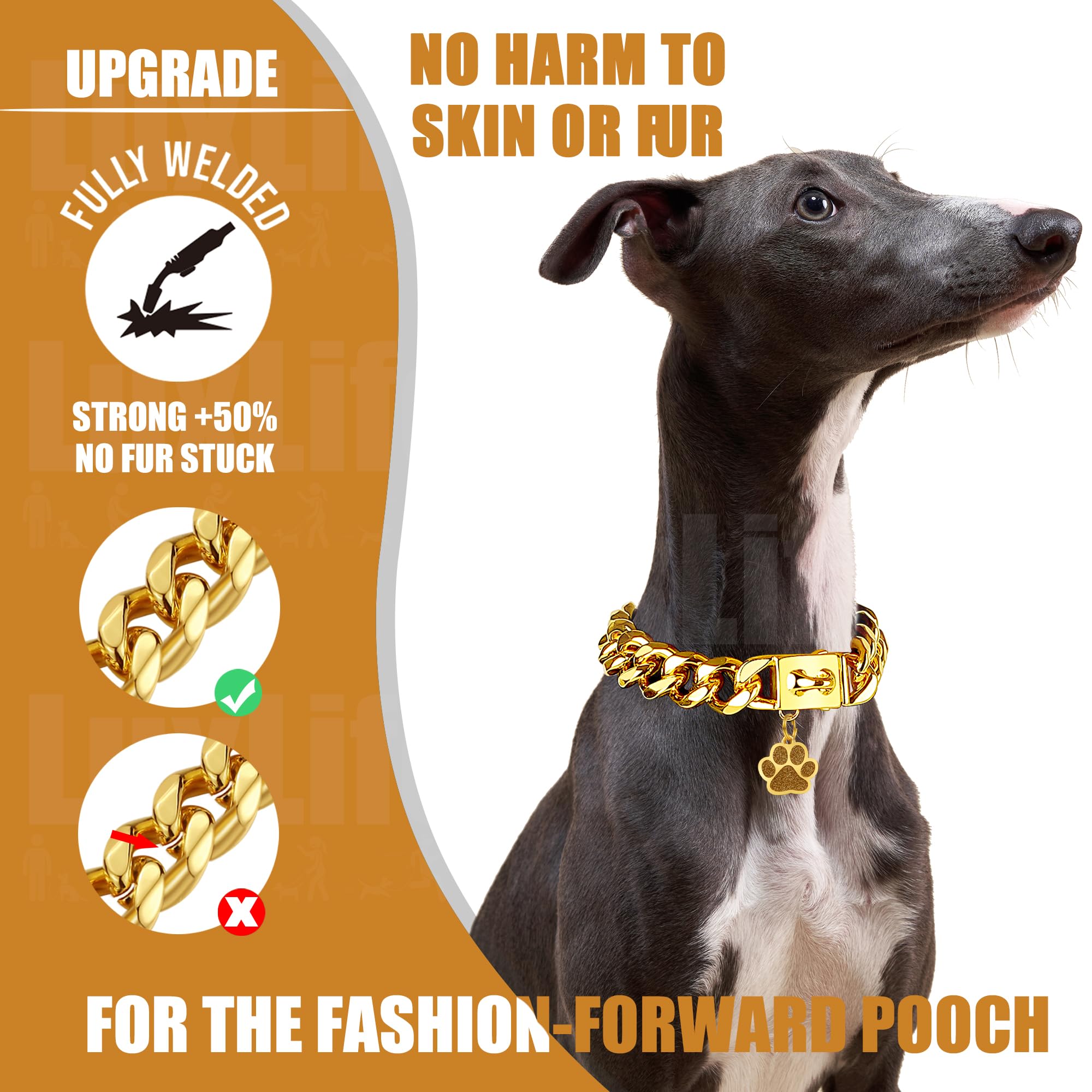 Luxlife 15Mm/10 Inch Gold 18K Gold Chain Dog Collar With Built-In Bell And Tag For Small, Medium, Large Dogs